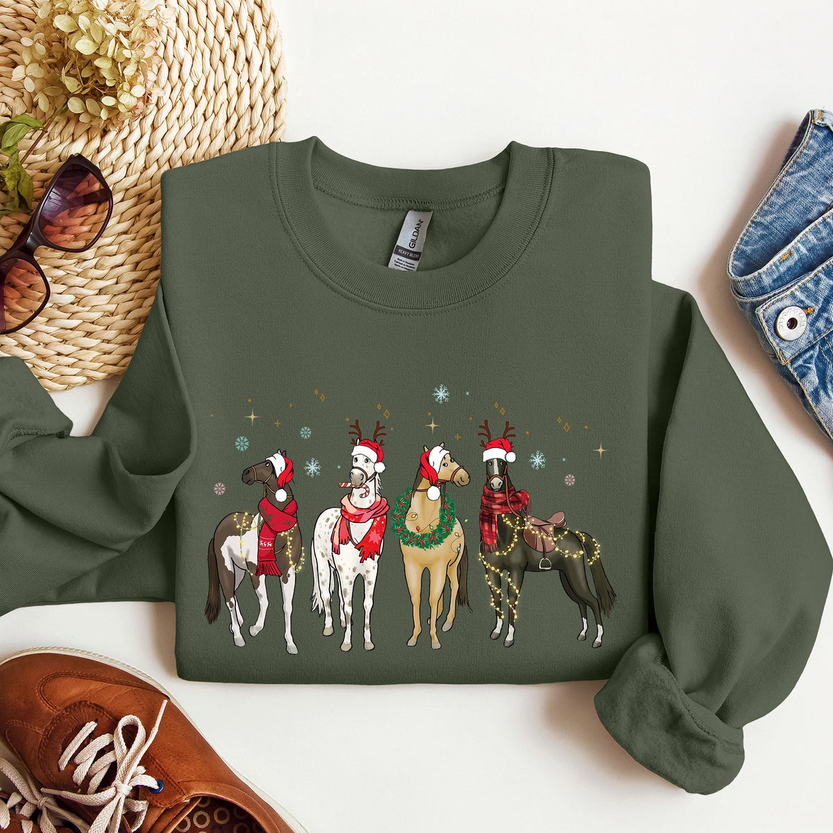 Christmas Horses Santa hats Holiday Sweatshirt for Horse Lovers in 11 Colors S-2XL