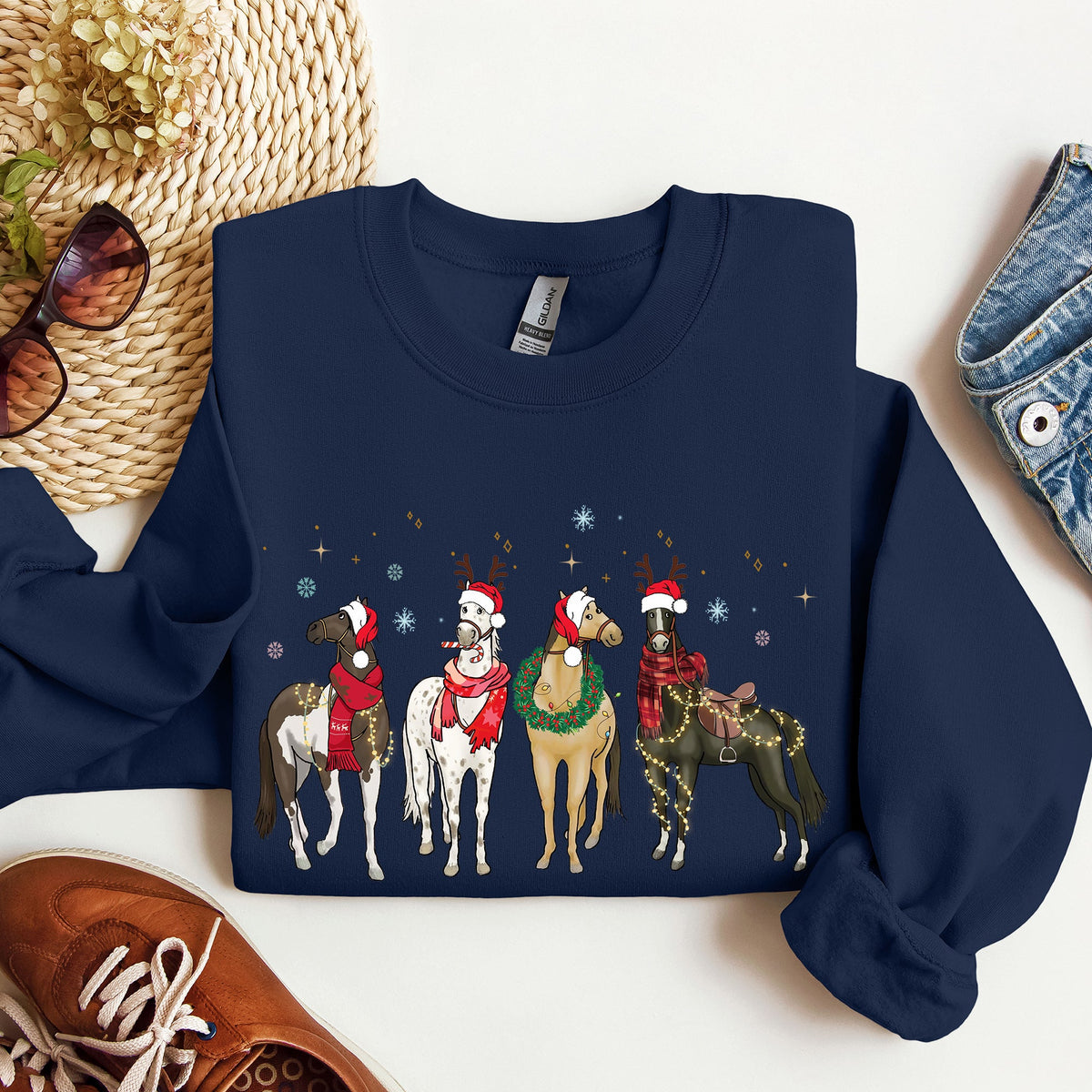 Christmas Horses Santa hats Holiday Sweatshirt for Horse Lovers in 11 Colors S-2XL
