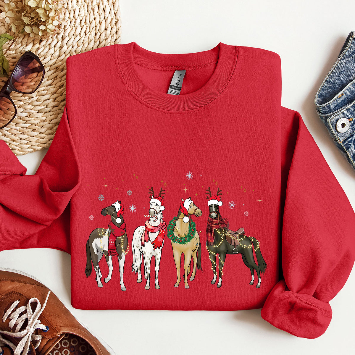Christmas Horses Santa hats Holiday Sweatshirt for Horse Lovers in 11 Colors S-2XL