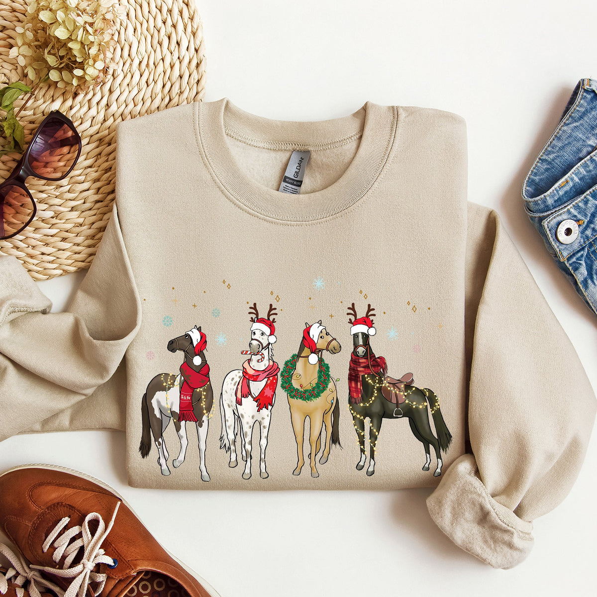 Christmas Horses Santa hats Holiday Sweatshirt for Horse Lovers in 11 Colors S-2XL