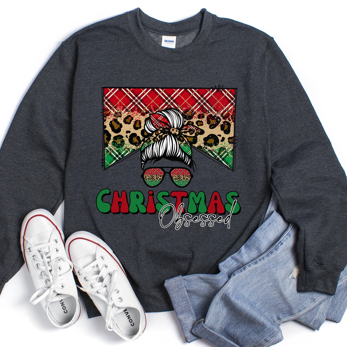 CHRISTMAS OBSESSED Leopard Print Messy Bun Mom Cozy Holiday Sweatshirt in 12 Colors S-2XL
