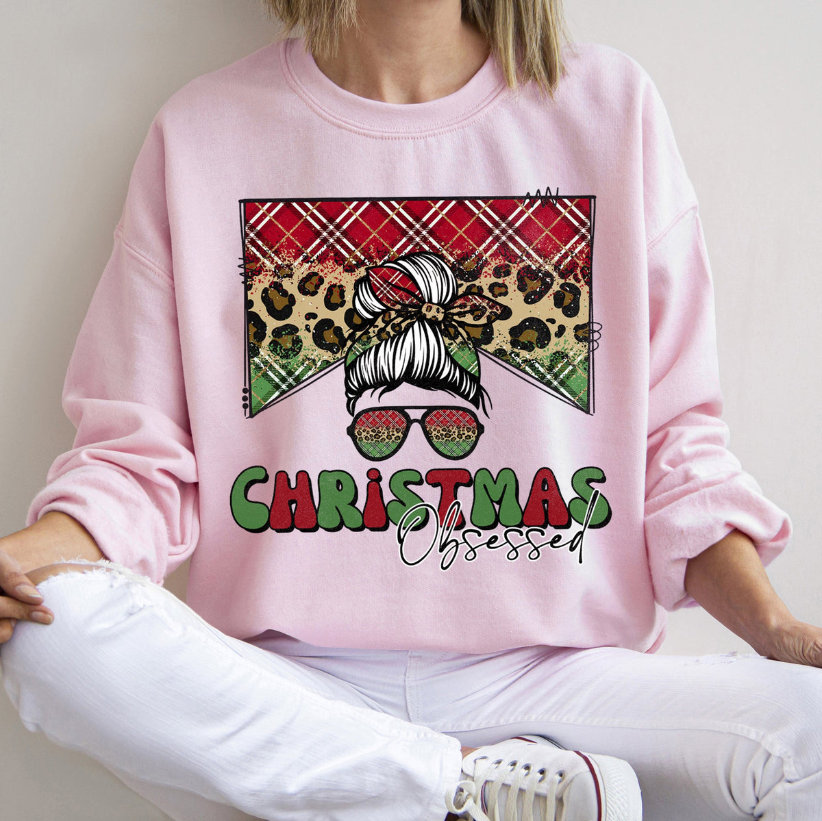 CHRISTMAS OBSESSED Leopard Print Messy Bun Mom Cozy Holiday Sweatshirt in 12 Colors S-2XL