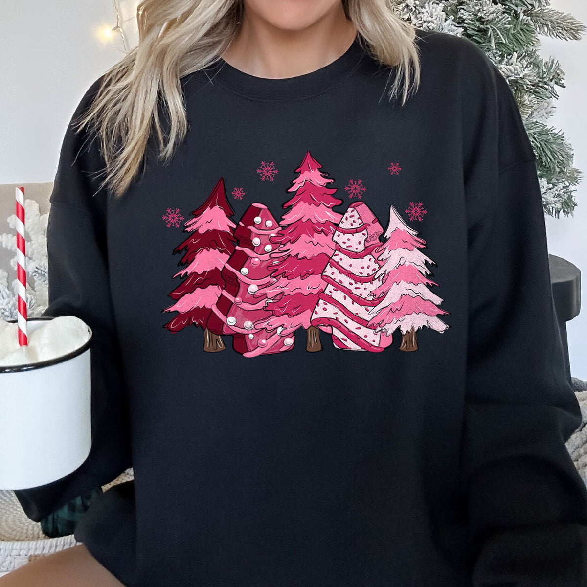 Pink Christmas Snack Trees Little Debbie Holiday Treats Classic Graphic Sweatshirt in 12 Colors S-2XL