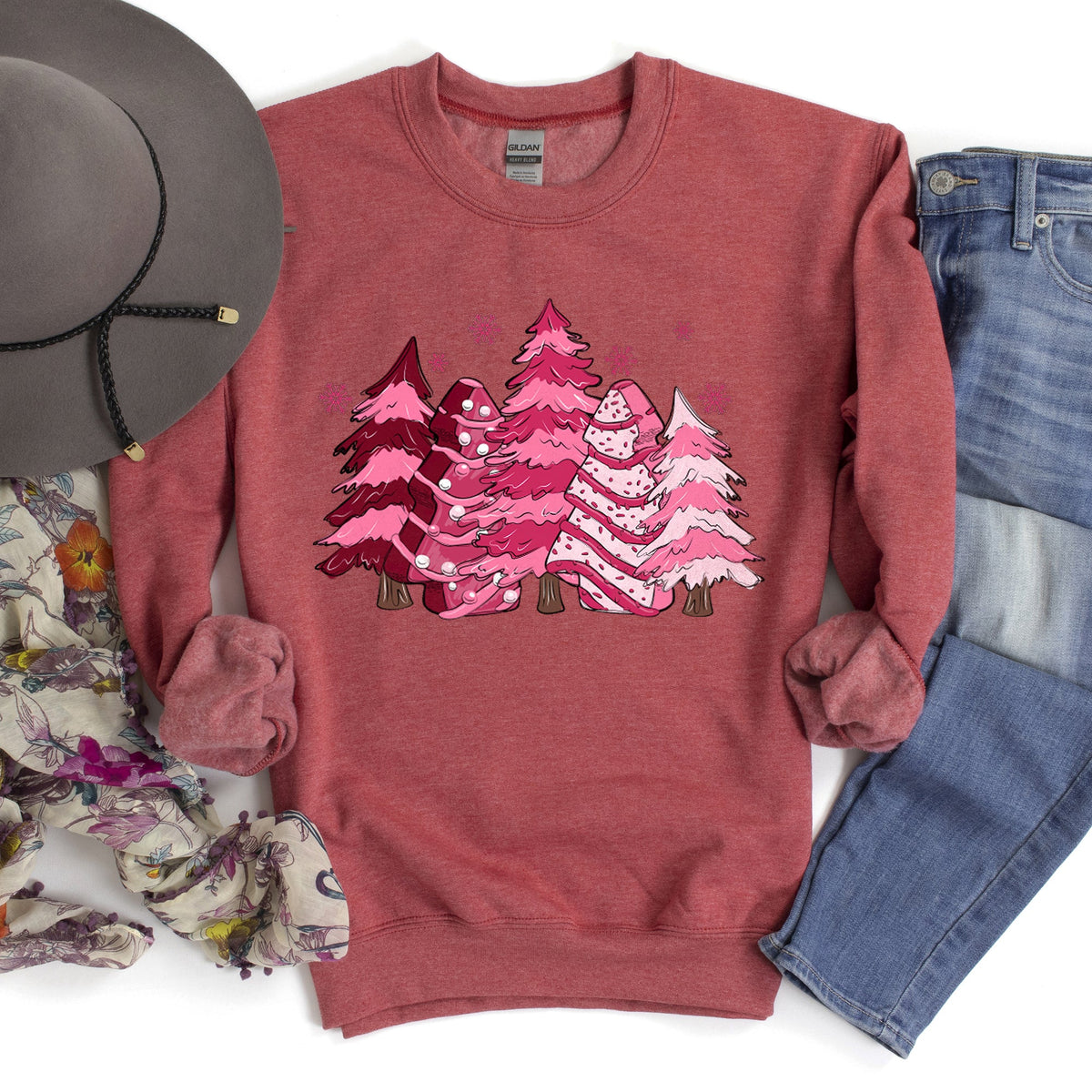 Pink Christmas Snack Trees Little Debbie Holiday Treats Classic Graphic Sweatshirt in 12 Colors S-2XL