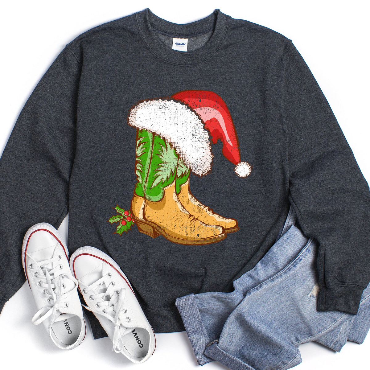 Country Christmas Western Cowboy Boots Fleece Santa Hat Graphic Print Sweatshirt in 12 Colors S-2XL
