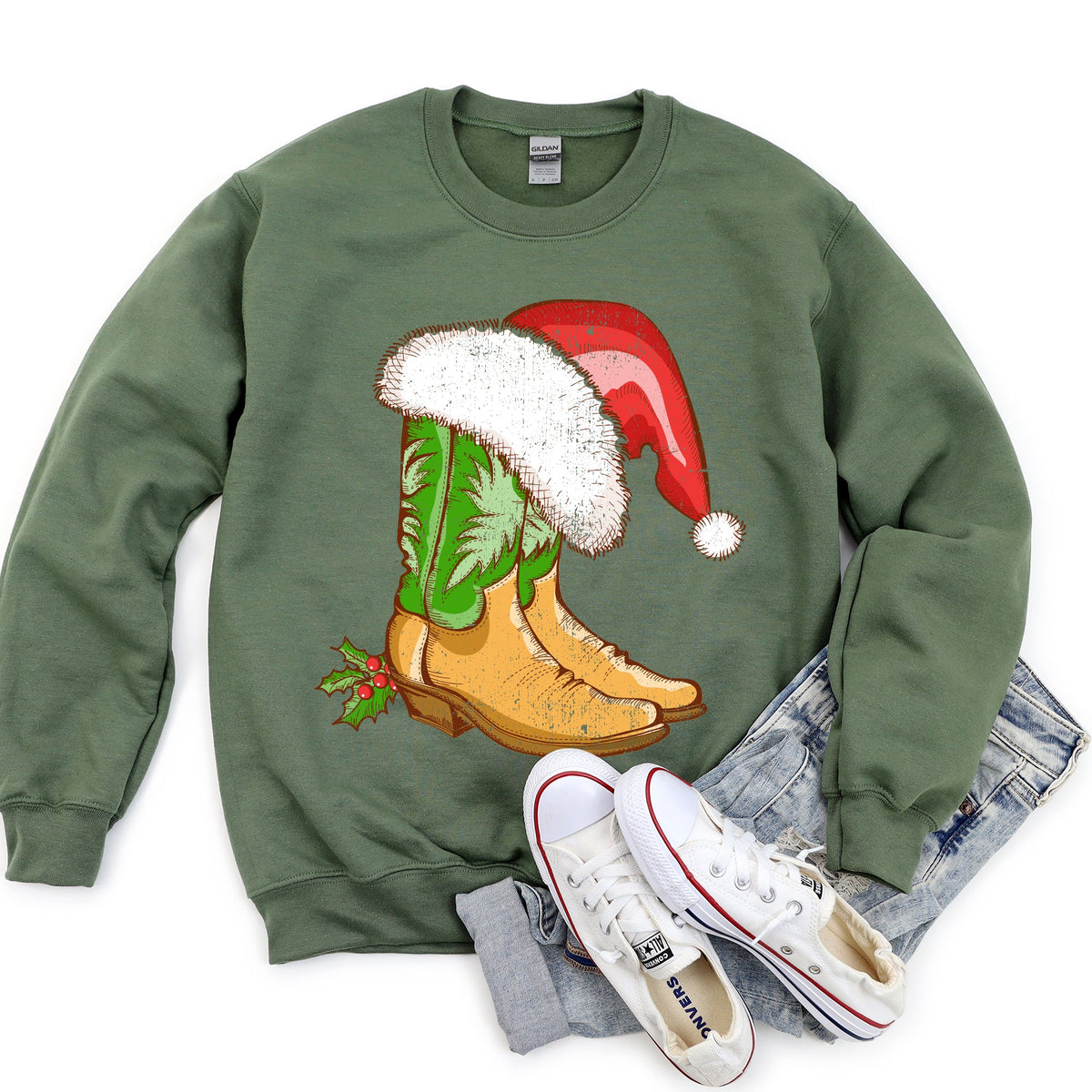Country Christmas Western Cowboy Boots Fleece Santa Hat Graphic Print Sweatshirt in 12 Colors S-2XL