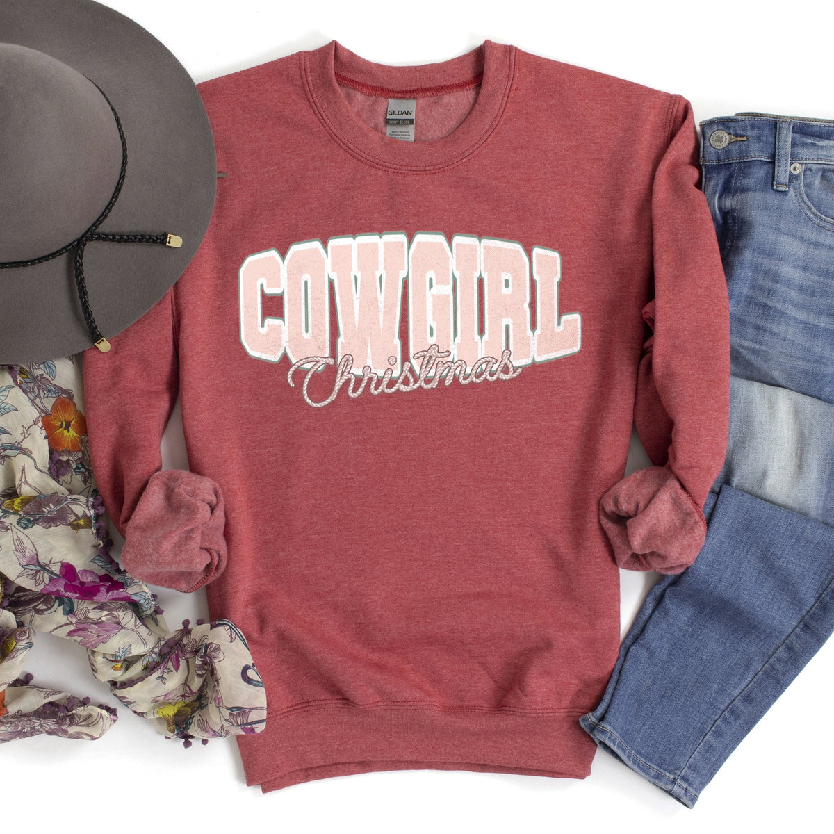 COWGIRL CHRISTMAS Cozy Western Holiday Print Twisted Rope Sweatshirt in 9 Colors S-2XL