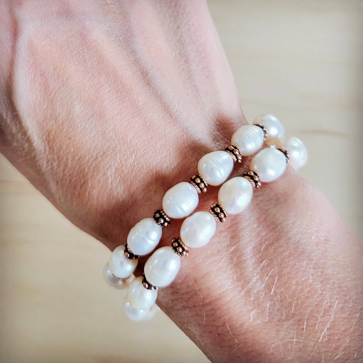 **Freshwater Pearl & Copper Boho Beaded Double Strand Bracelet 811y