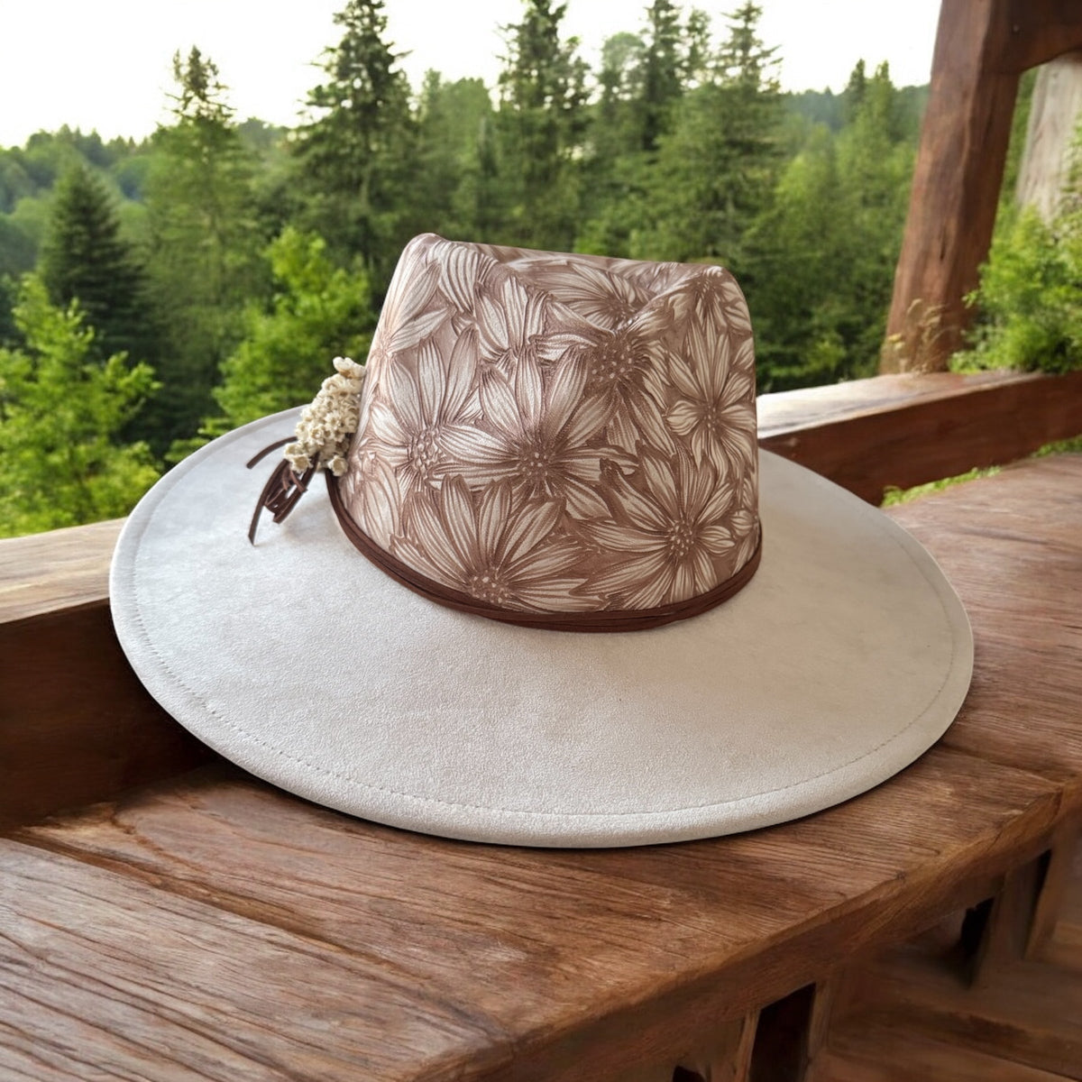 Boho Western Ivory Playful Daisies Brown Burned Wide Brim Fedora with Travel Bag & Hat Clip