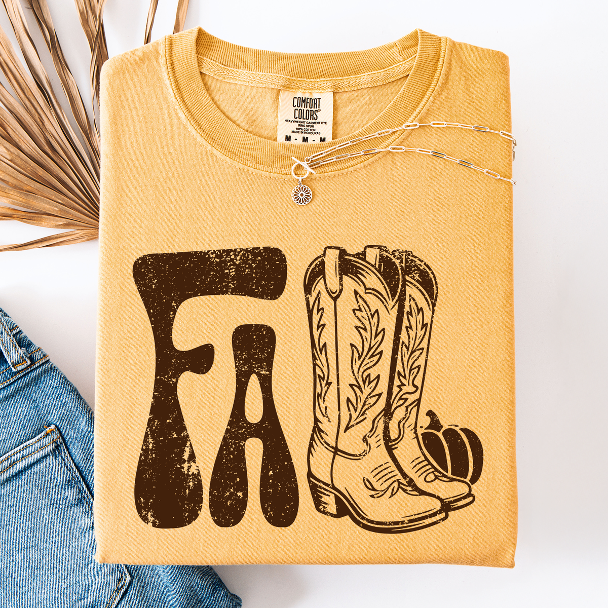 Fall Cowboy Boots Western Autumn Pumpkin Checkered Motif Minimal Vintage Style Comfort Colors Tee