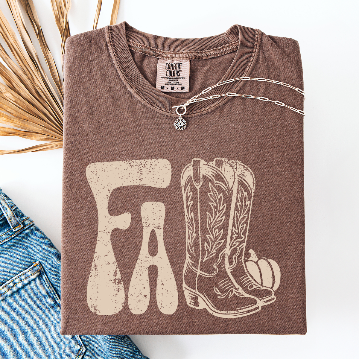 Fall Cowboy Boots Western Autumn Pumpkin Checkered Motif Minimal Vintage Style Comfort Colors Tee