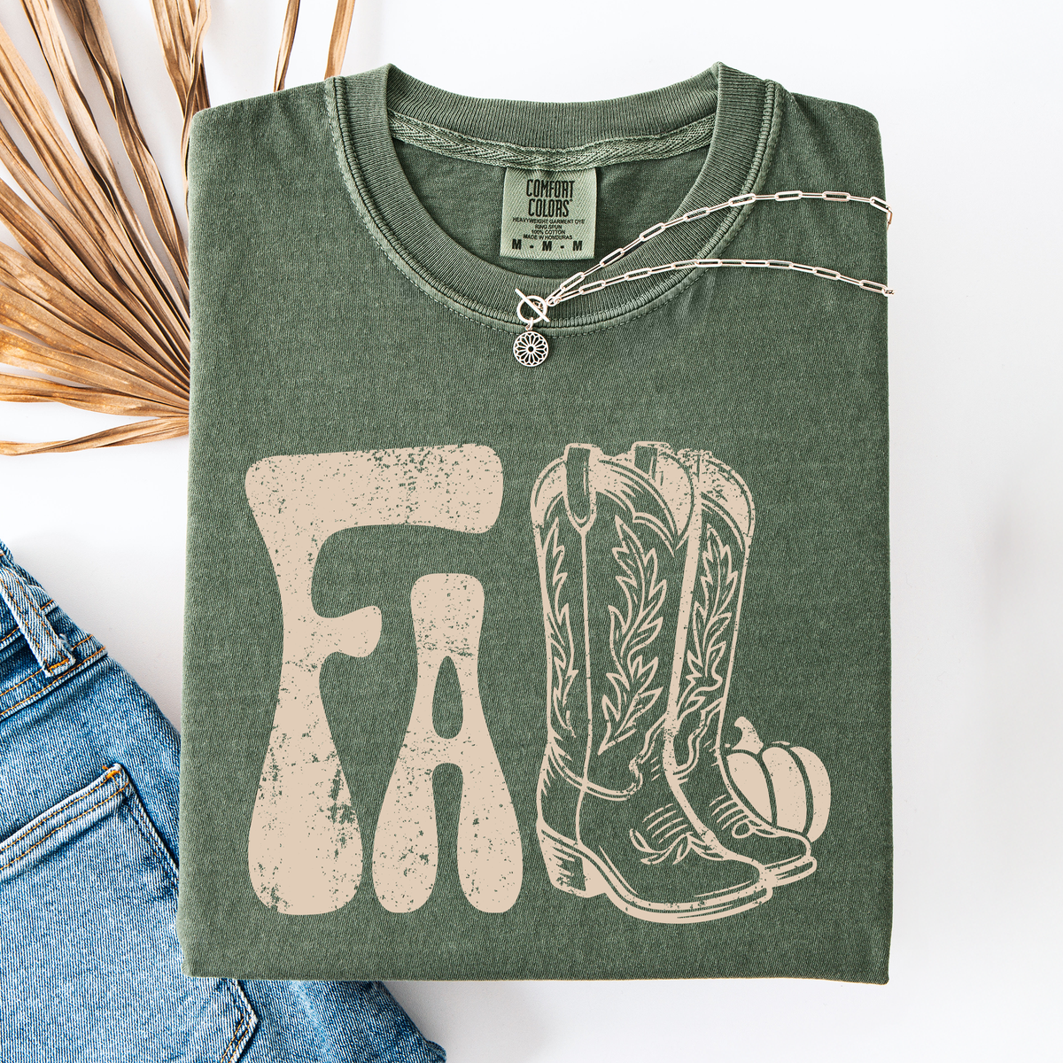 Fall Cowboy Boots Western Autumn Pumpkin Checkered Motif Minimal Vintage Style Comfort Colors Tee