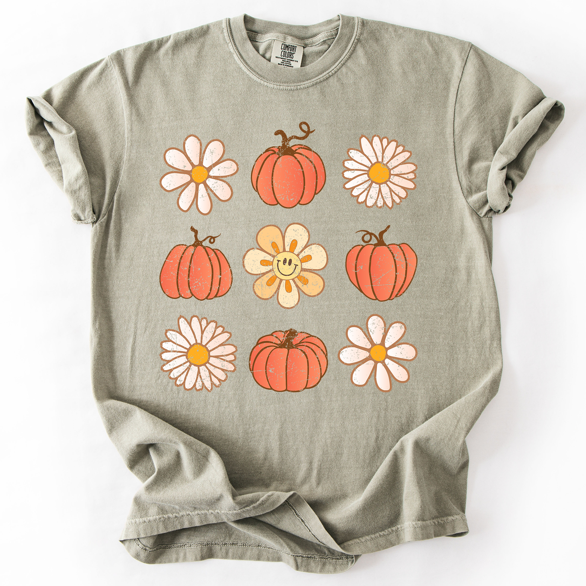 Flowers and Pumpkins Minimalist Autumn Fall Halloween Floral Brushstroke Motif Comfort Colors Tee