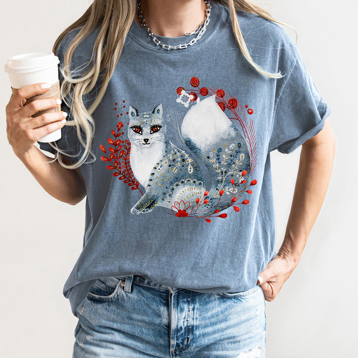 Fox Folk Art Scandinavian Winter Christmas Comfort Colors Tee in 9 Colors S-2XL