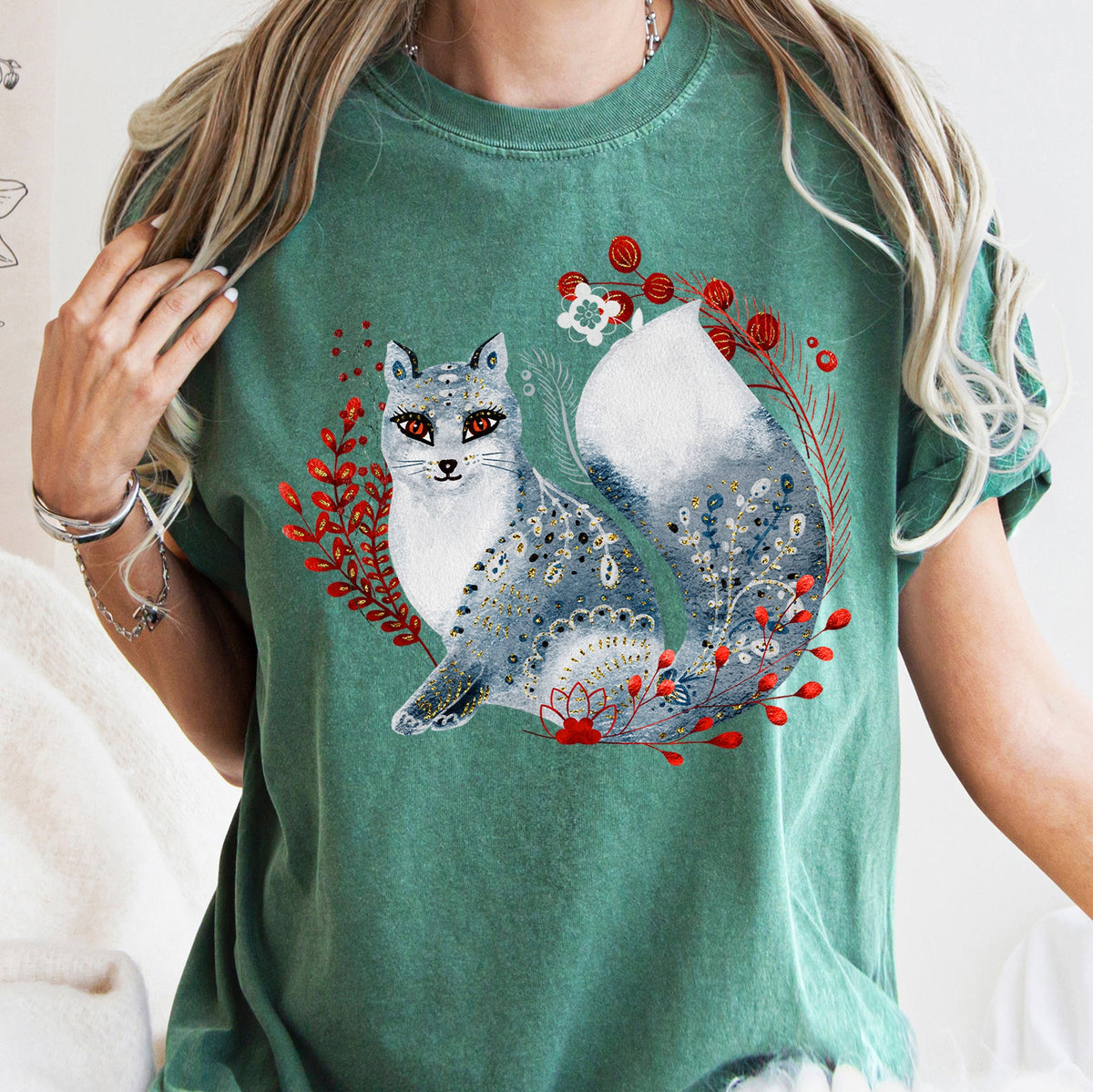 Fox Folk Art Scandinavian Winter Christmas Comfort Colors Tee in 9 Colors S-2XL