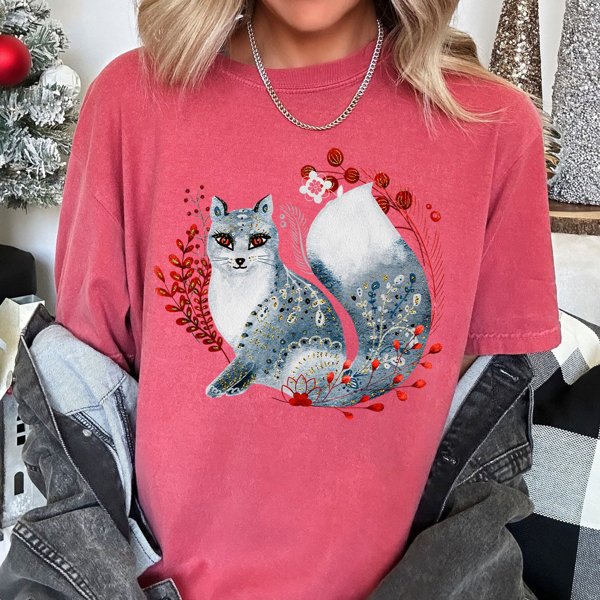 Fox Folk Art Scandinavian Winter Christmas Comfort Colors Tee in 9 Colors S-2XL