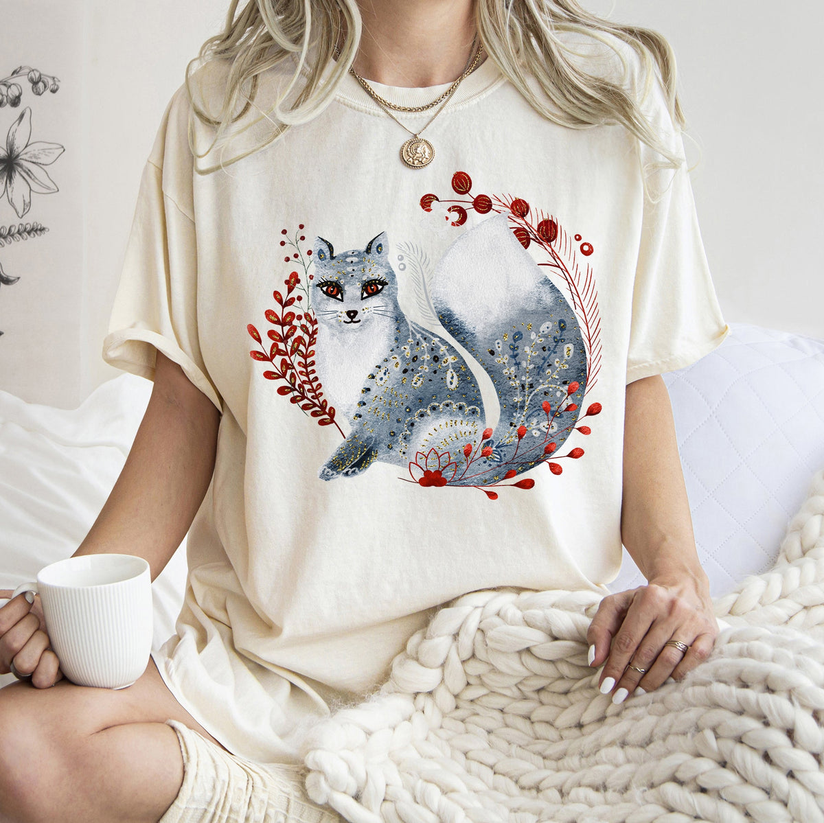 Fox Folk Art Scandinavian Winter Christmas Comfort Colors Tee in 9 Colors S-2XL