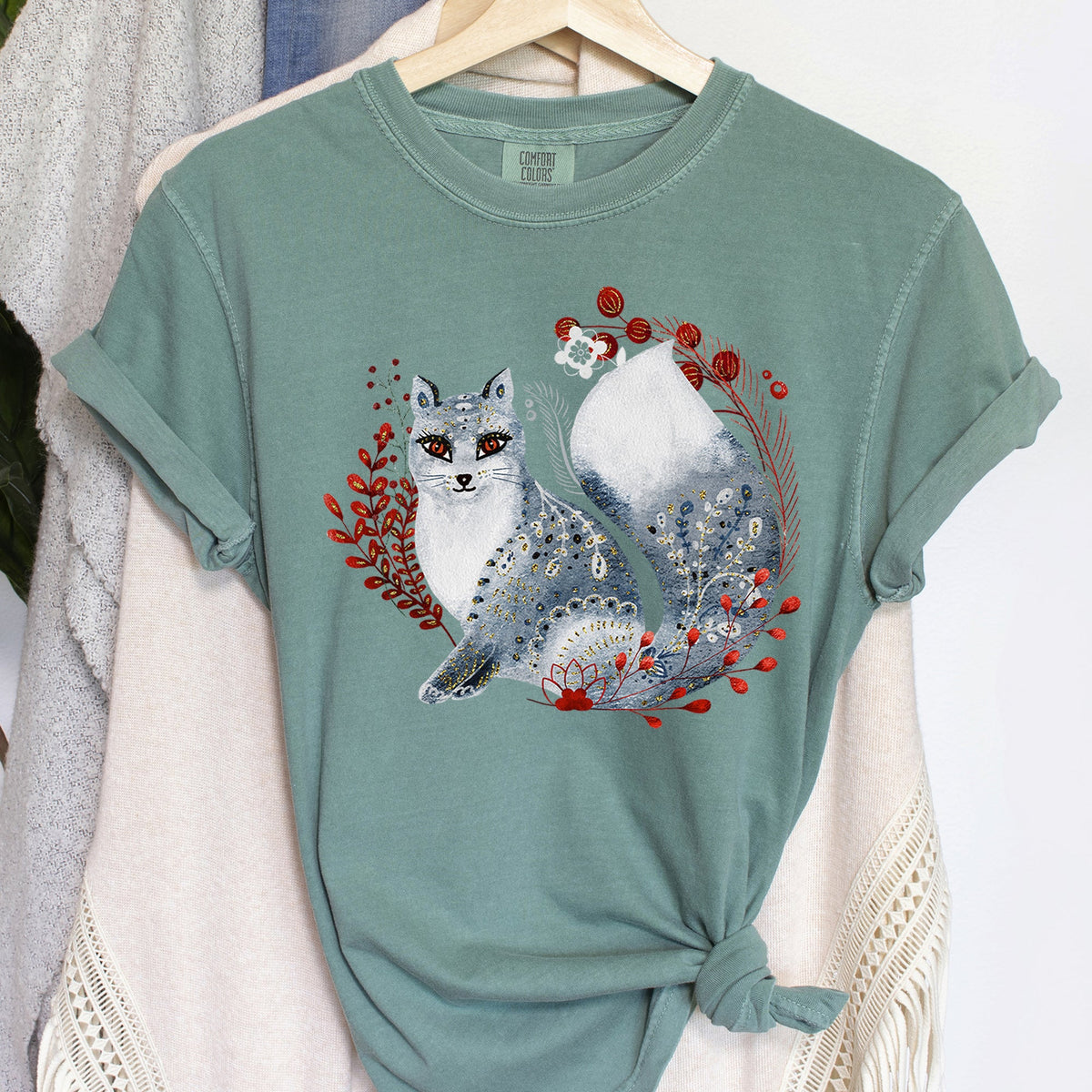 Fox Folk Art Scandinavian Winter Christmas Comfort Colors Tee in 9 Colors S-2XL