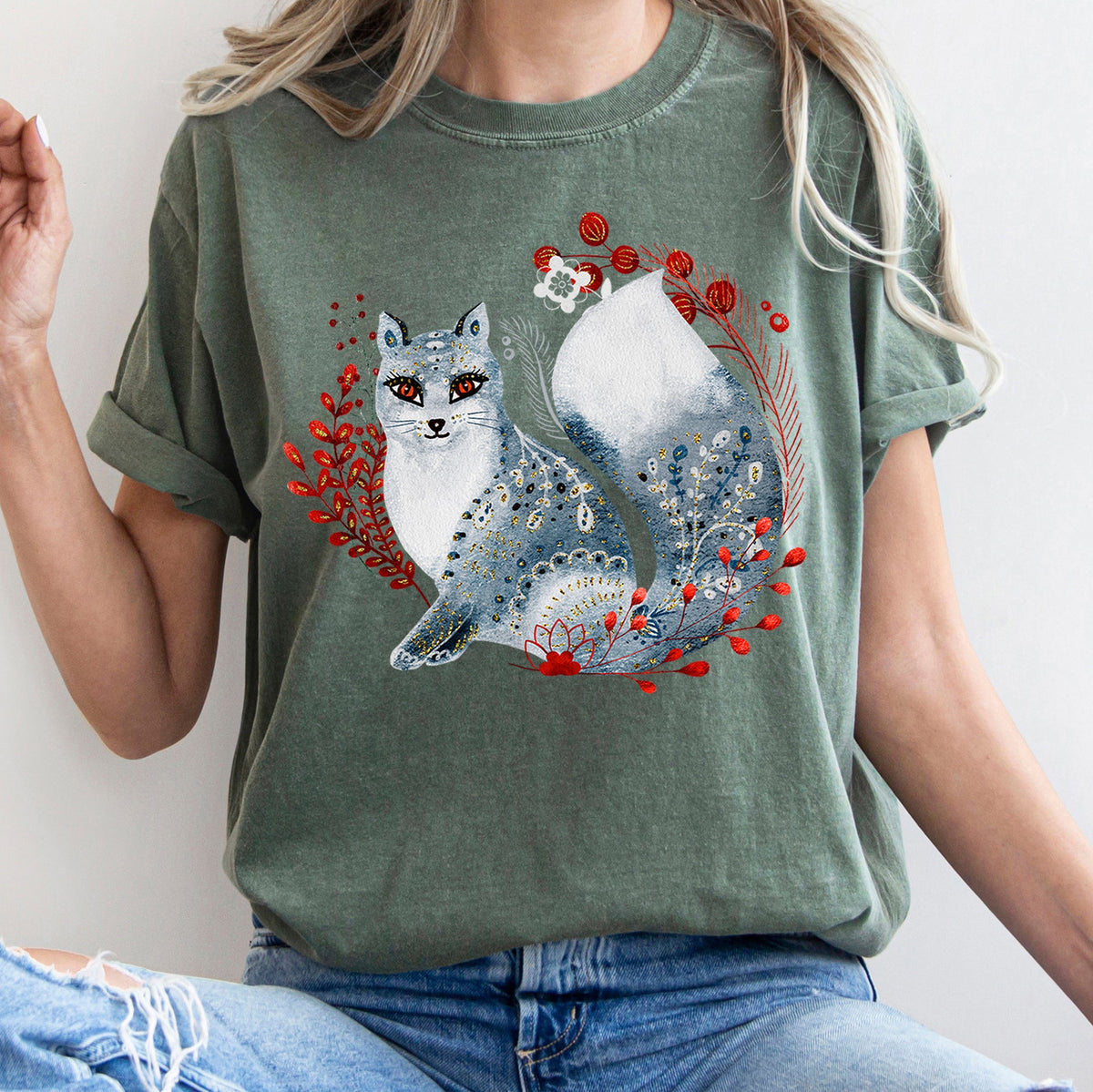 Fox Folk Art Scandinavian Winter Christmas Comfort Colors Tee in 9 Colors S-2XL