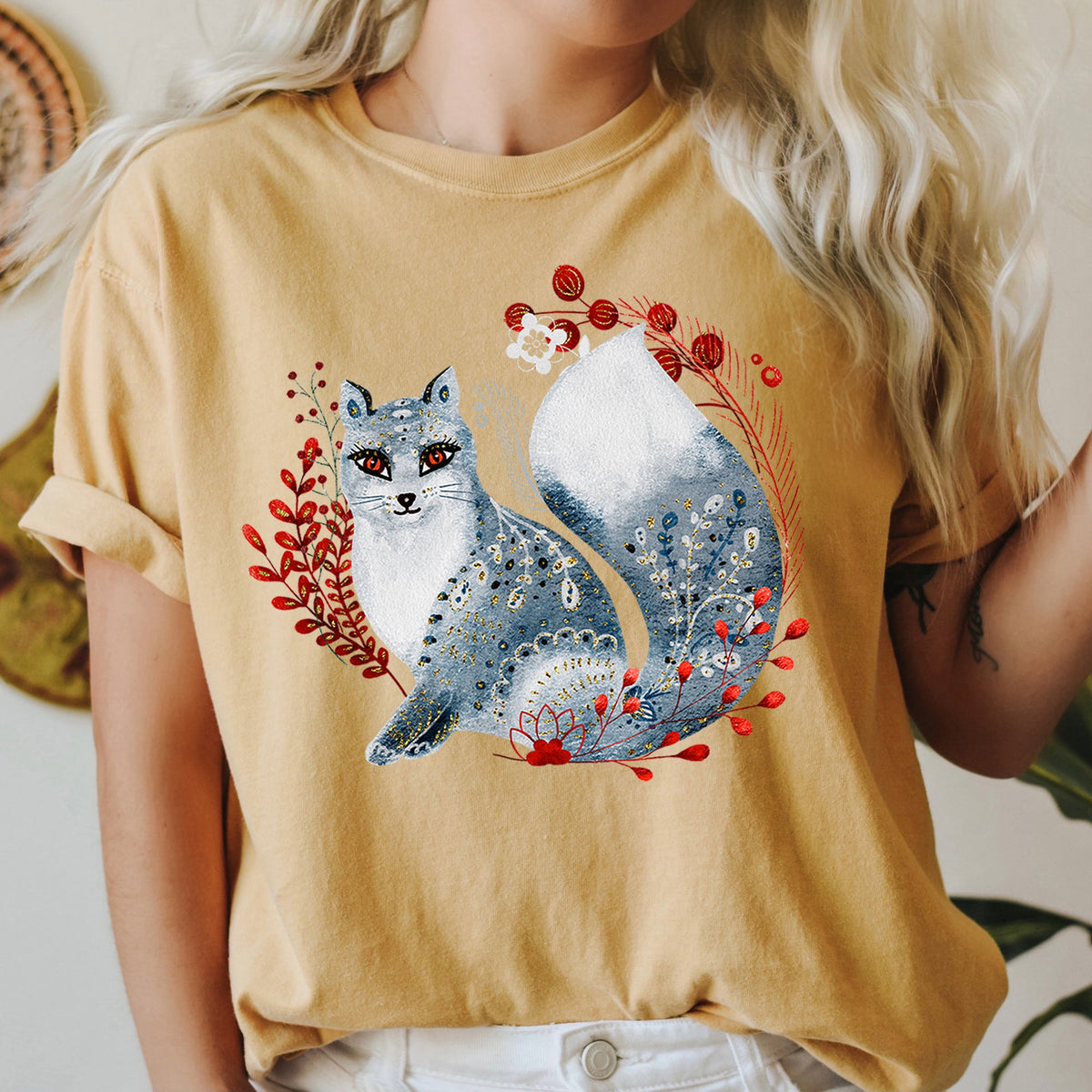 Fox Folk Art Scandinavian Winter Christmas Comfort Colors Tee in 9 Colors S-2XL