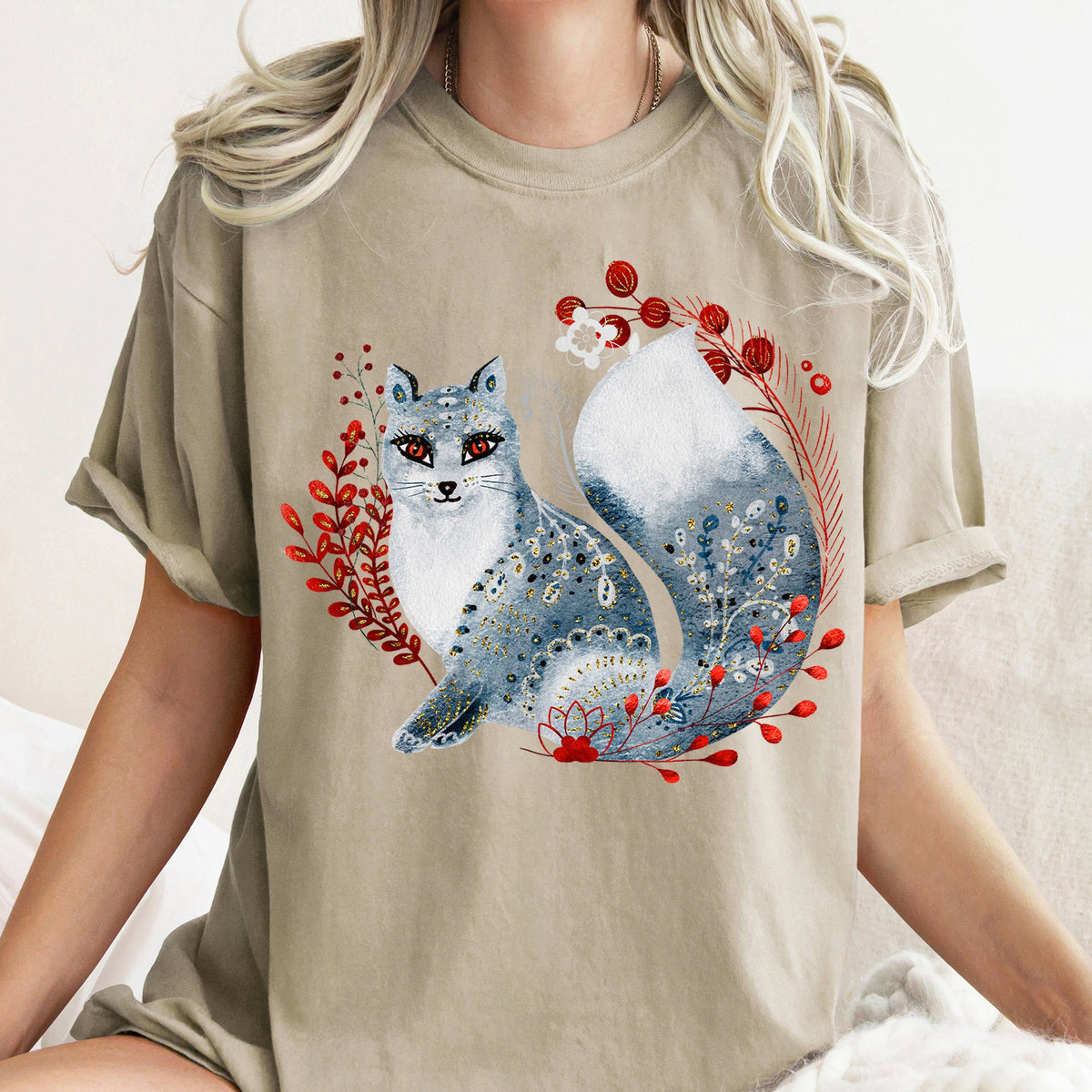 Fox Folk Art Scandinavian Winter Christmas Comfort Colors Tee in 9 Colors S-2XL