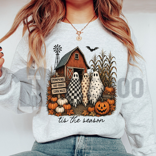 "Tis The Season" Ghost Trio Sweatshirt - Cute Pumpkin Patch Halloween Crewneck S-3XL