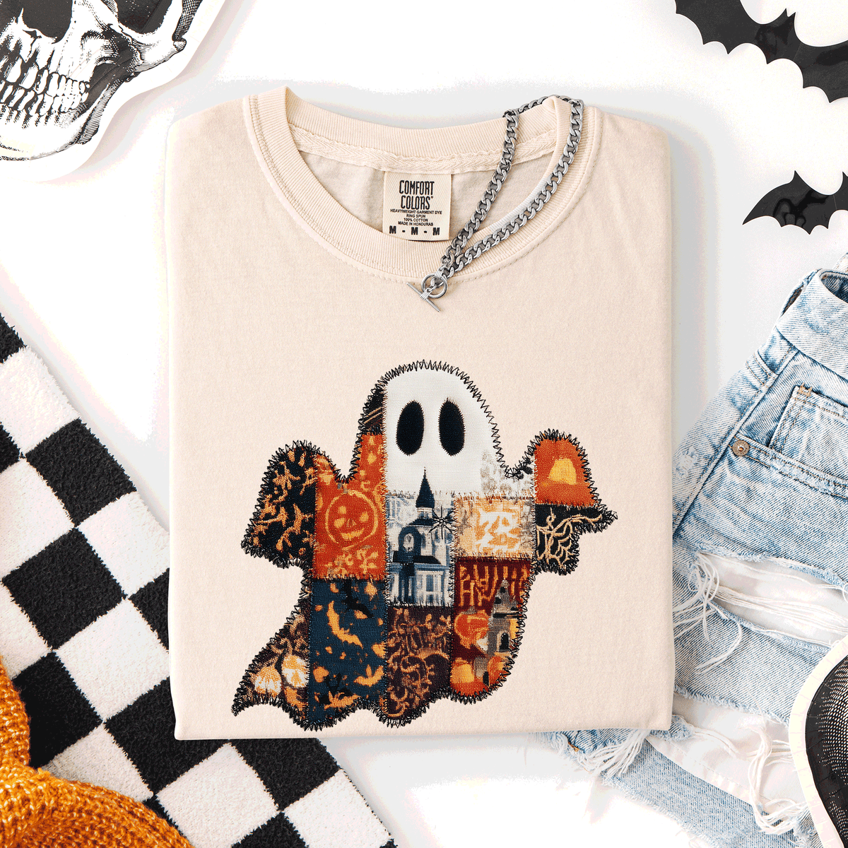 Ghost Faux Quilt Classic Halloween Fall Autumn Trad Cozy Vintage Comfort Colors Tee
