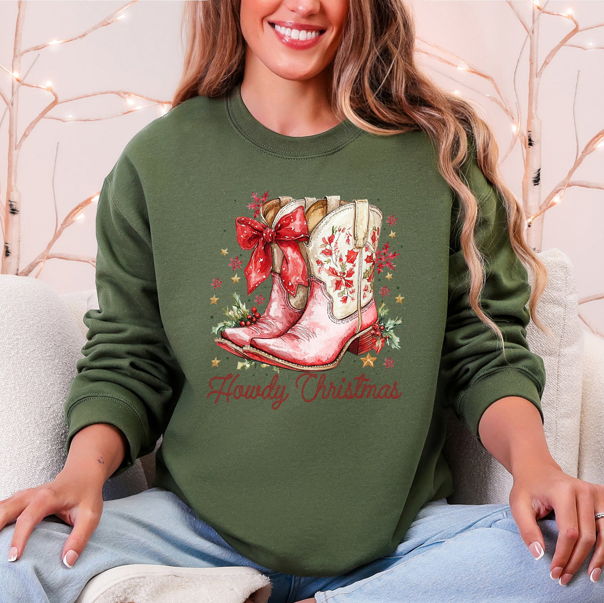 HOWDY CHRISTMAS Cowboy Boots & Bow Western Country Holiday Sweatshirt in 5 Colors S-2XL