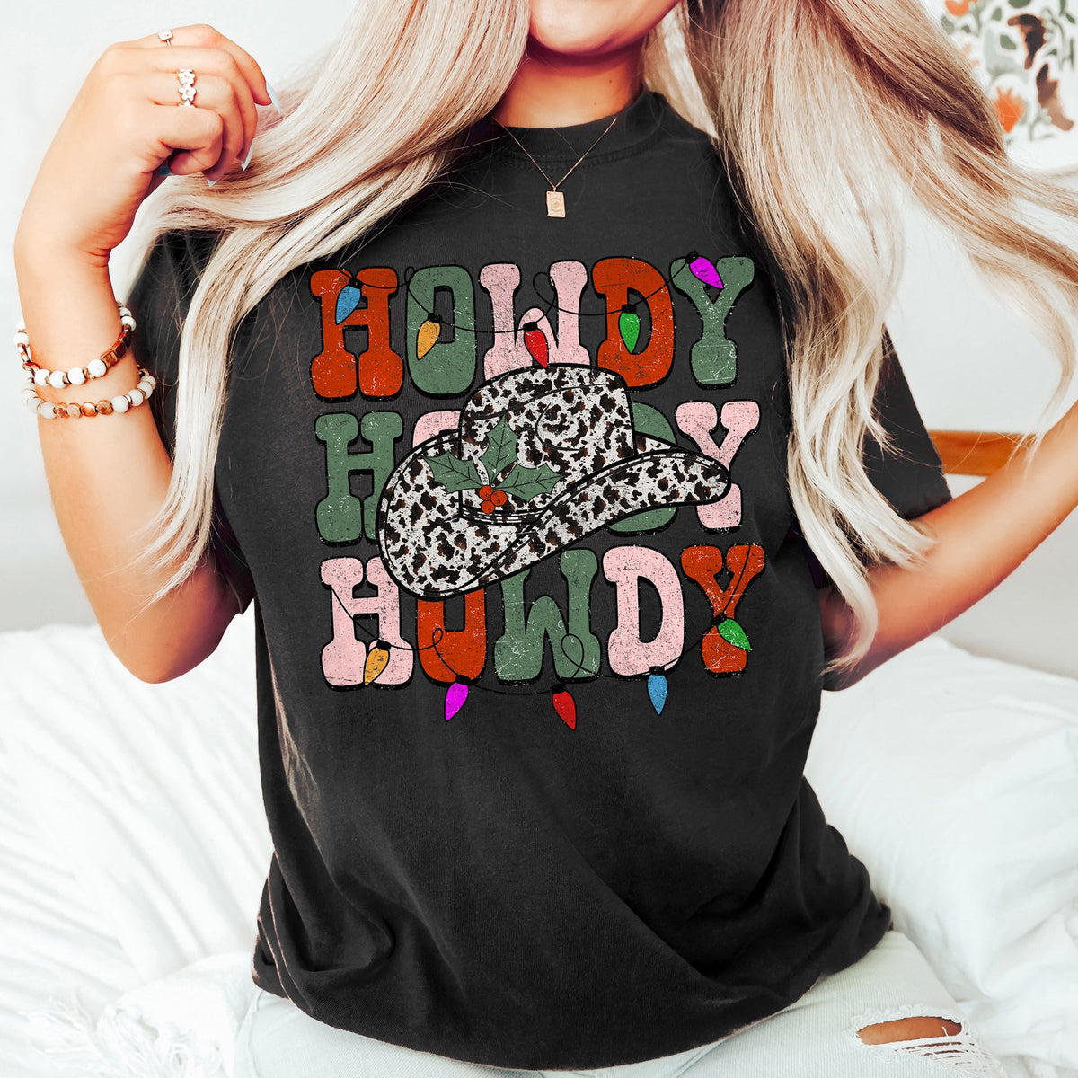 HOWDY HOWDY HOWDY Christmas Leopard Print Cowboy Hat Retro Text Tee in 13 Colors S-2XL