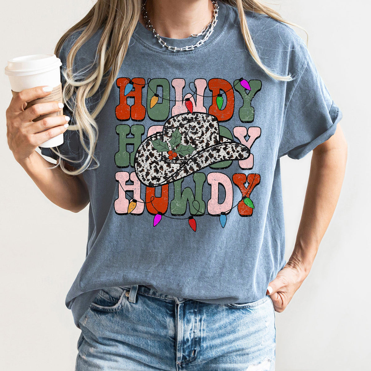HOWDY HOWDY HOWDY Christmas Leopard Print Cowboy Hat Retro Text Tee in 13 Colors S-2XL
