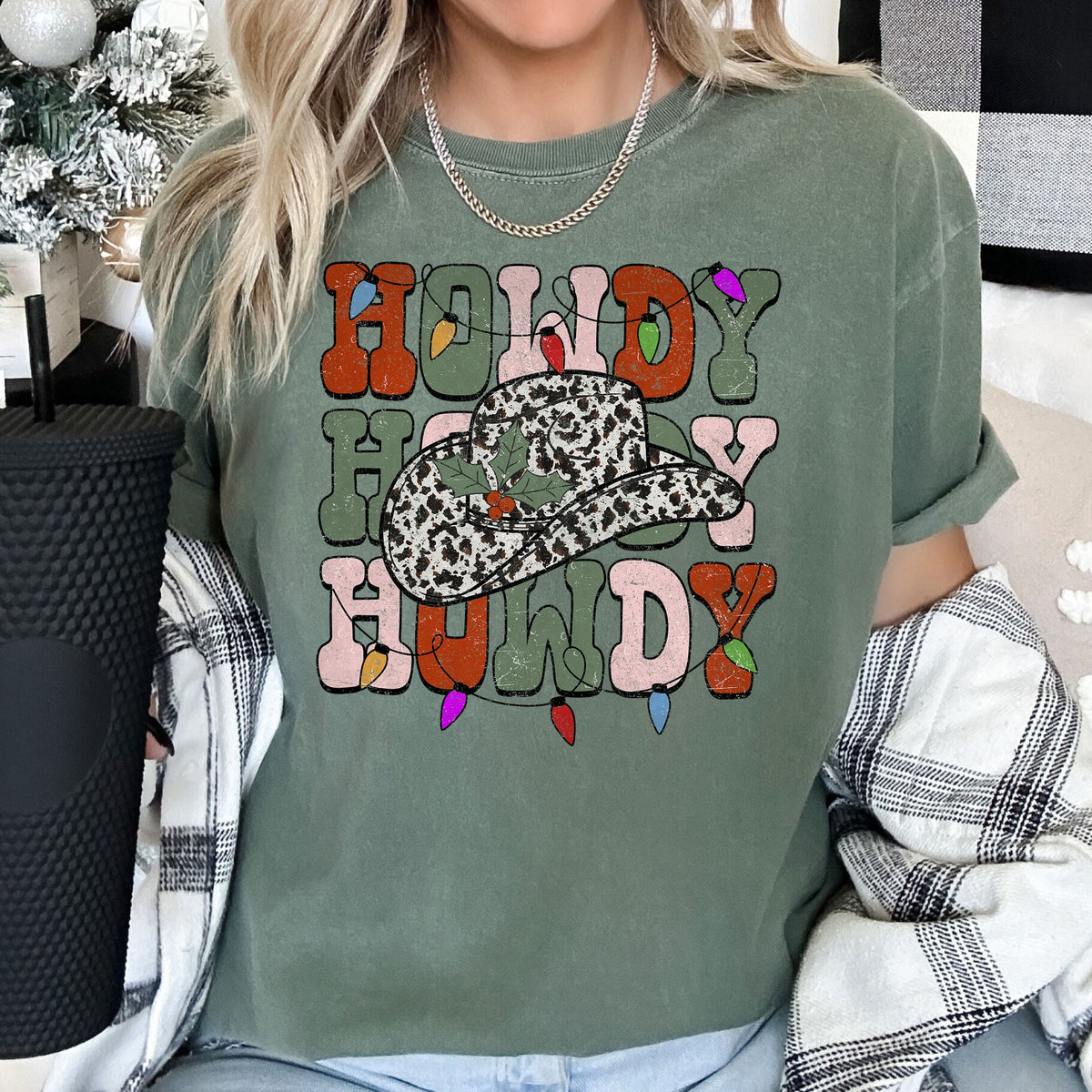 HOWDY HOWDY HOWDY Christmas Leopard Print Cowboy Hat Retro Text Tee in 13 Colors S-2XL