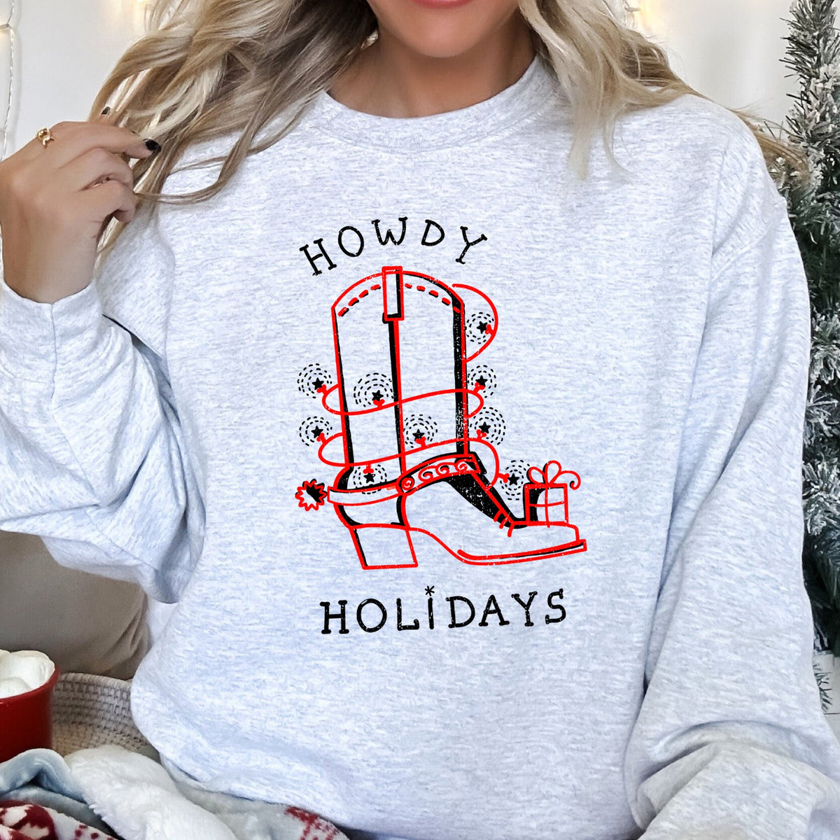 HOWDY HOLIDAYS Christmas Cowboy Boot Western Holiday Graphic Sweatshirt in 5 Colors S-2XL