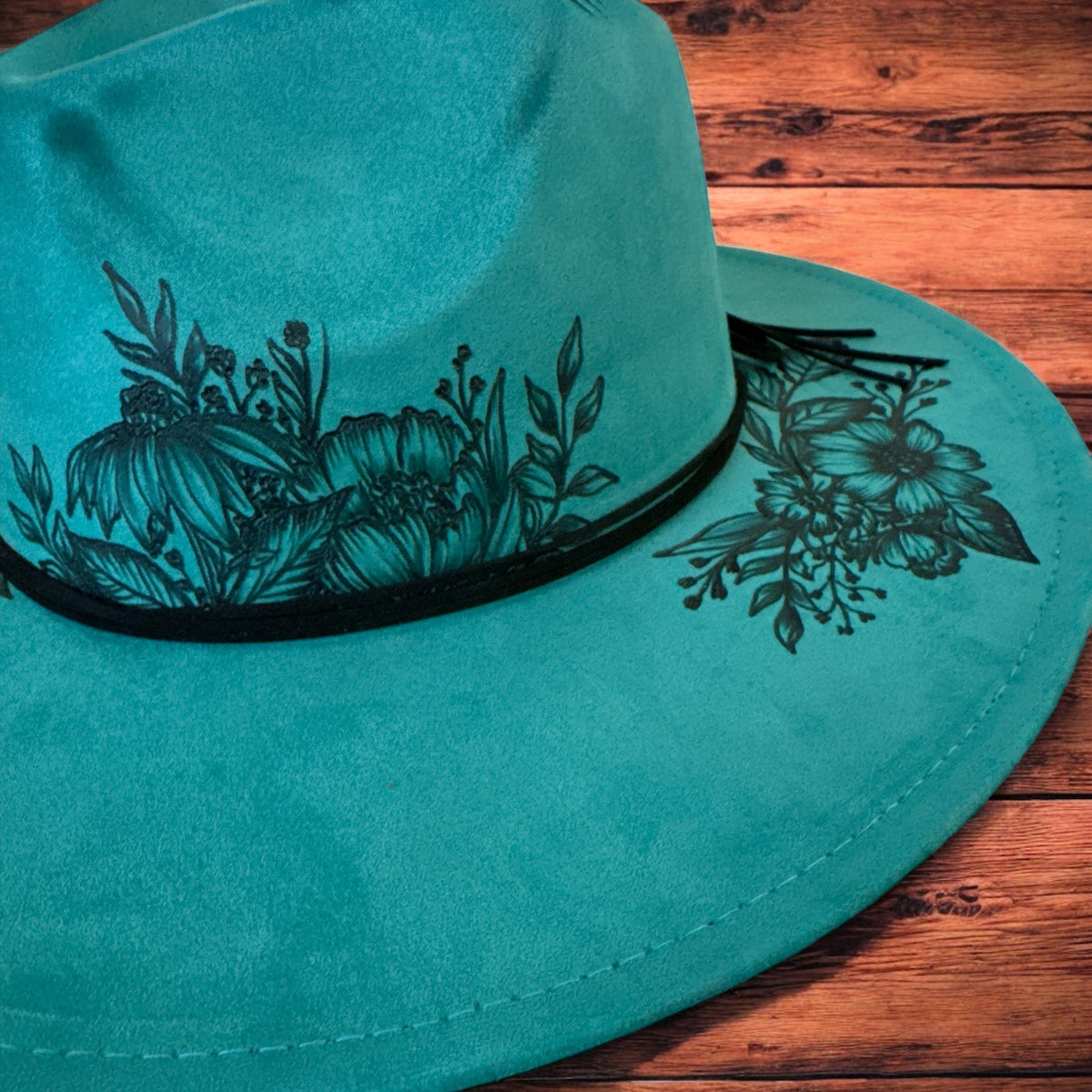 Boho Western Teal Black Burned Wildflowers Wide Brim Hat with Headband, Travel Bag & Hat Clip