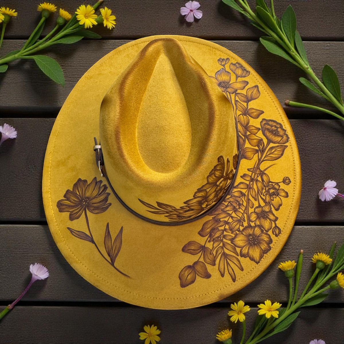 Boho Western Yellow Brown Burned Floral Wide Brim Fedora Hat with Hatband, Travel Bag & Hat Clip