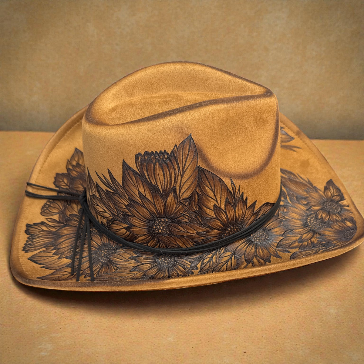 Boho Western Yellow 'She's a Sunflower' Black Burned Cowboy Hat with Travel Bag & Hat Clip