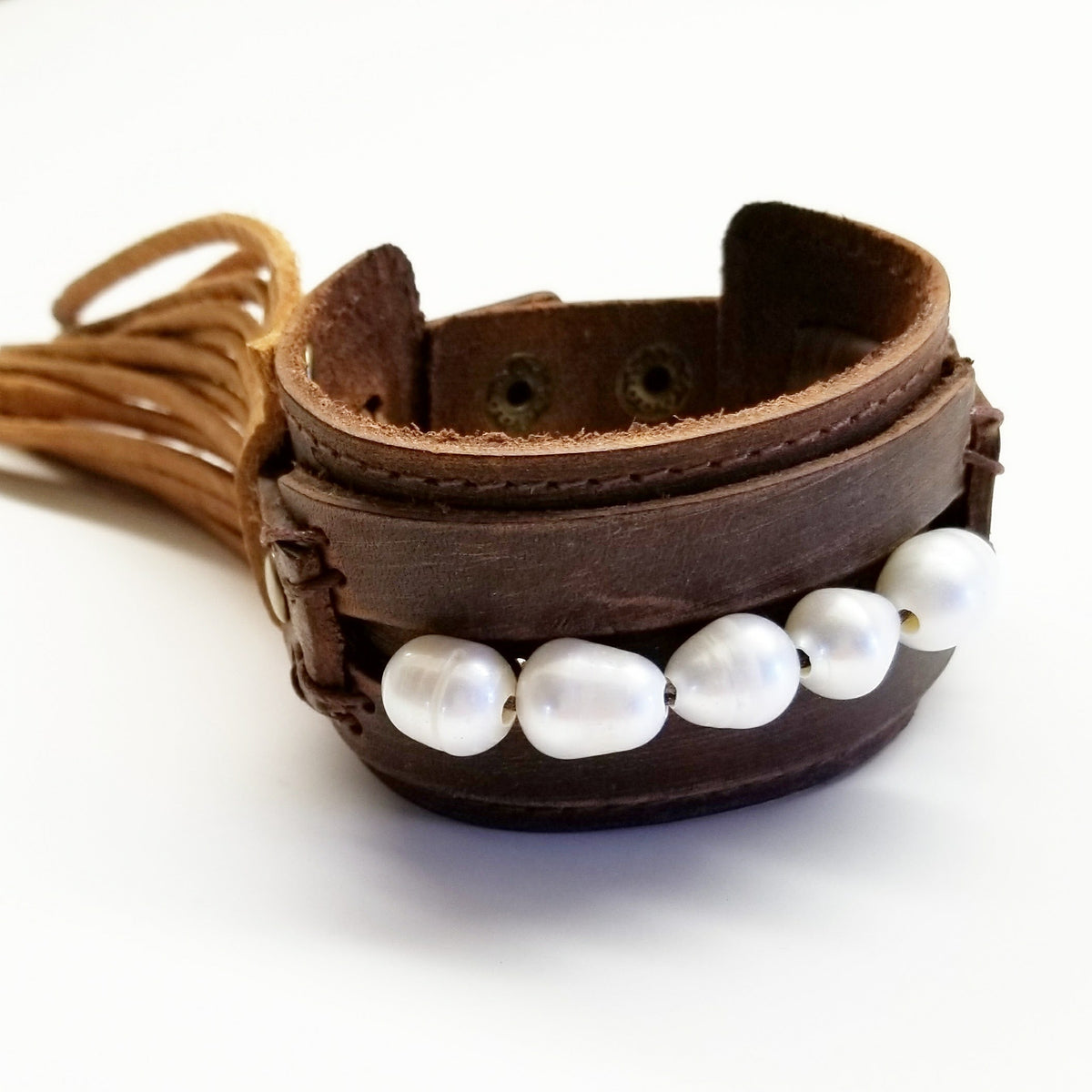 Genuine Leather Wide Cuff with Genuine Freshwater Pearls