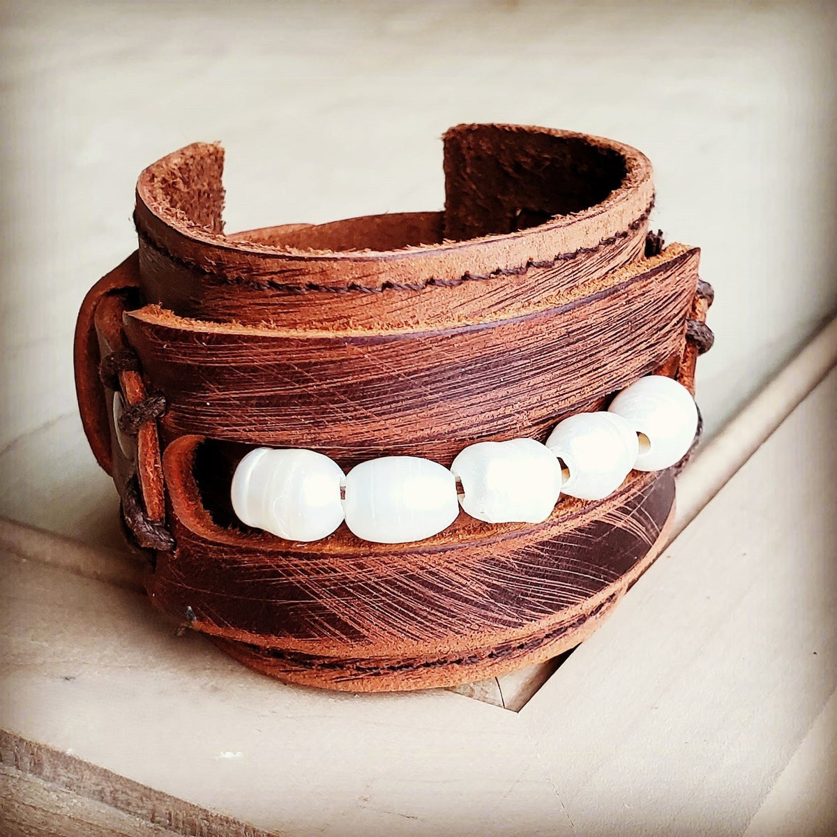 Genuine Leather Wide Cuff with Genuine Freshwater Pearls