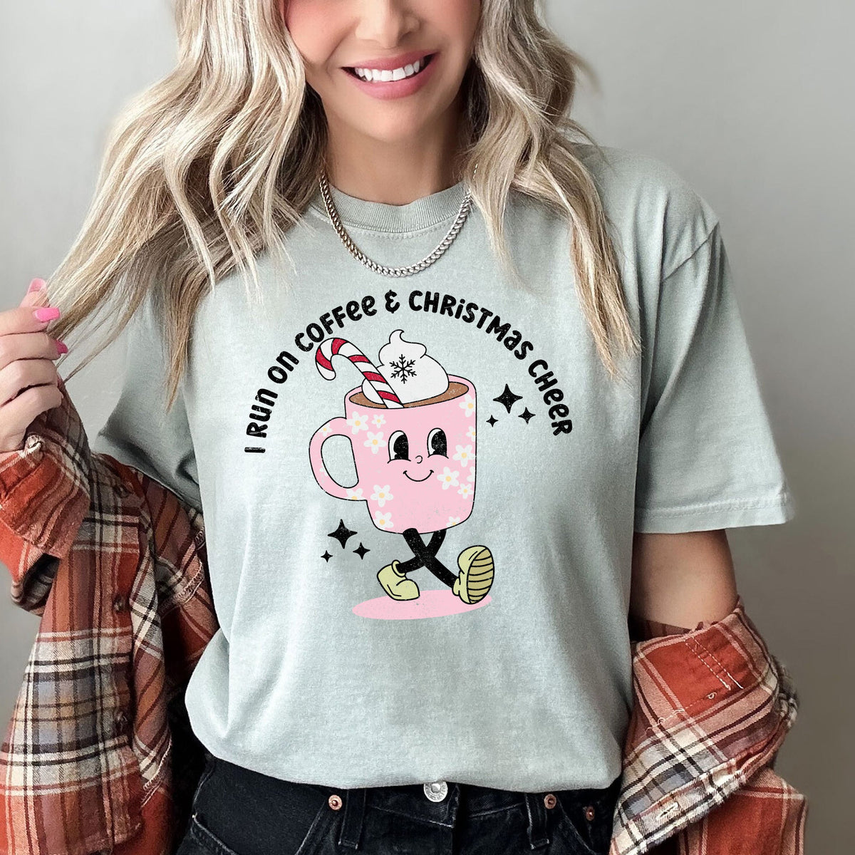 I RUN ON COFFEE & CHRISTMAS CHEER Retro Vintage Festive Cup Holiday Tee | 8 Colors S-2XL