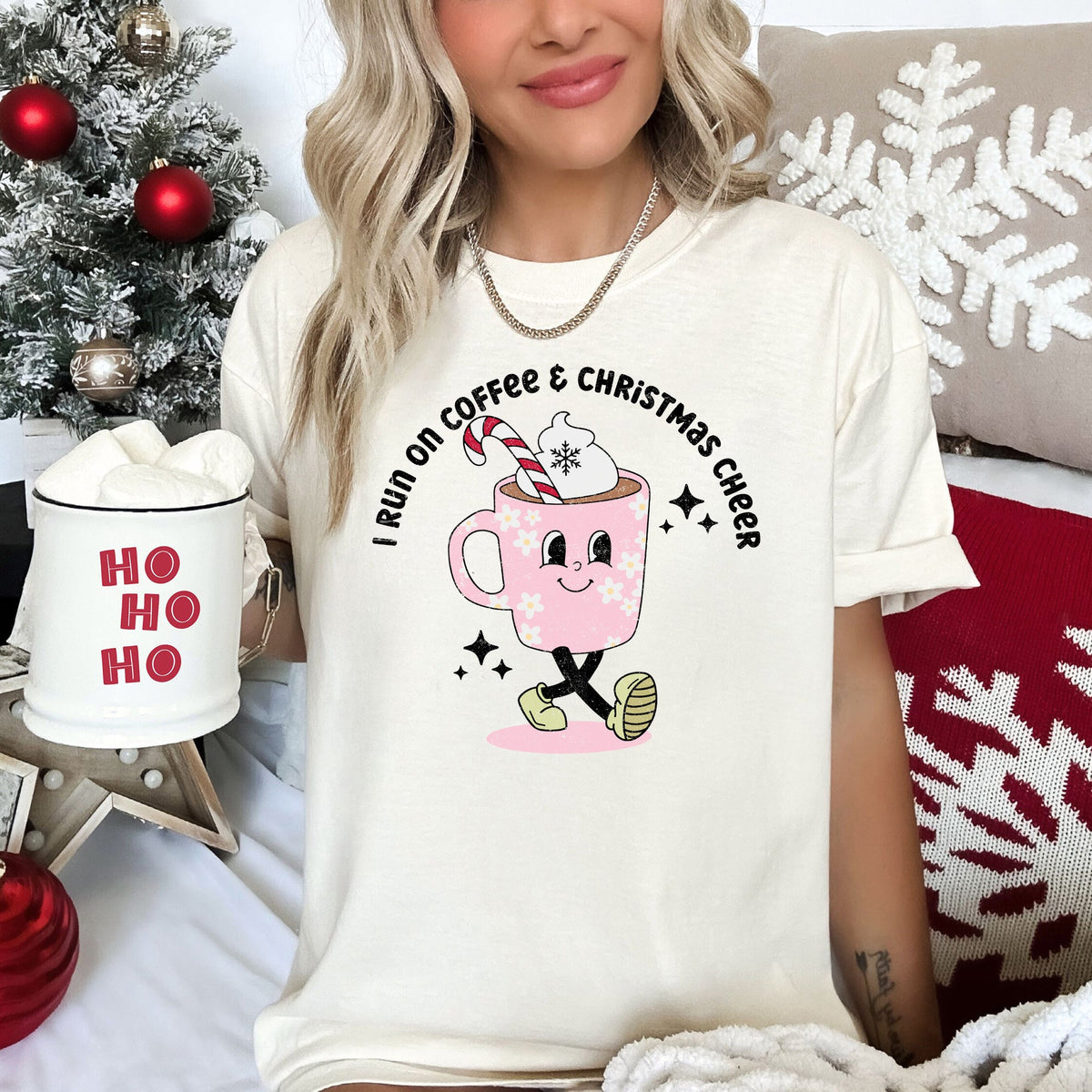 I RUN ON COFFEE & CHRISTMAS CHEER Retro Vintage Festive Cup Holiday Tee | 8 Colors S-2XL