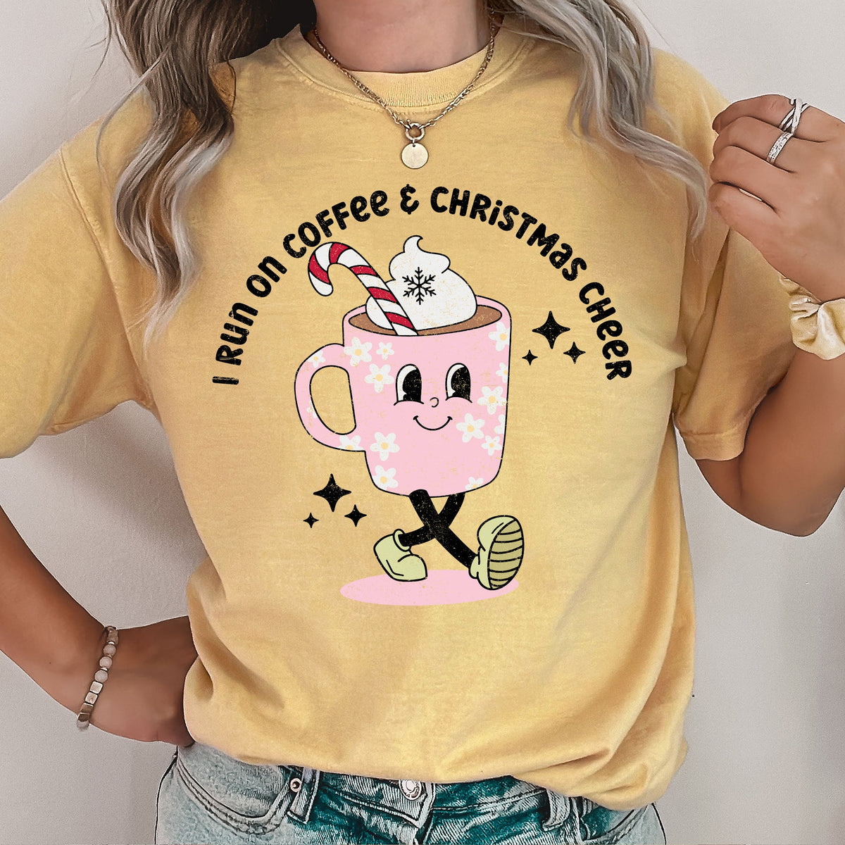 I RUN ON COFFEE & CHRISTMAS CHEER Retro Vintage Festive Cup Holiday Tee | 8 Colors S-2XL