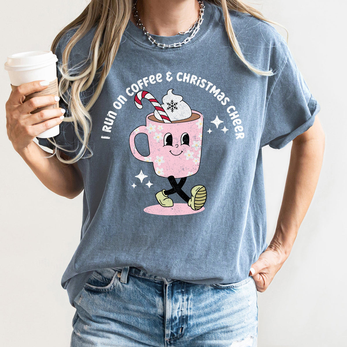 I RUN ON COFFEE & CHRISTMAS CHEER Retro Vintage Festive Cup Holiday Tee | 8 Colors S-2XL