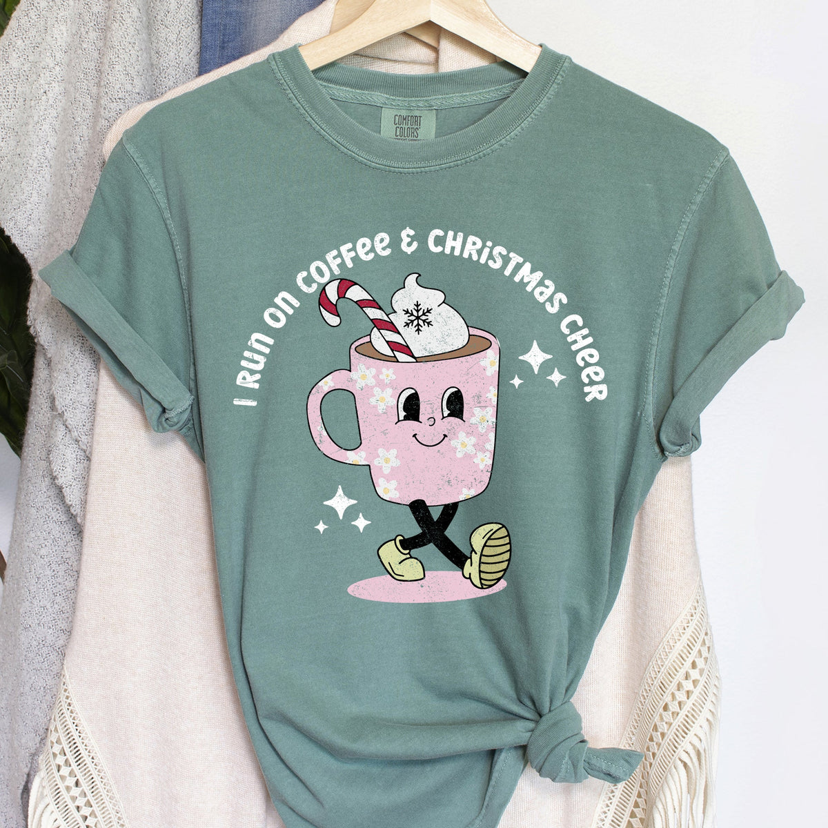 I RUN ON COFFEE & CHRISTMAS CHEER Retro Vintage Festive Cup Holiday Tee | 8 Colors S-2XL