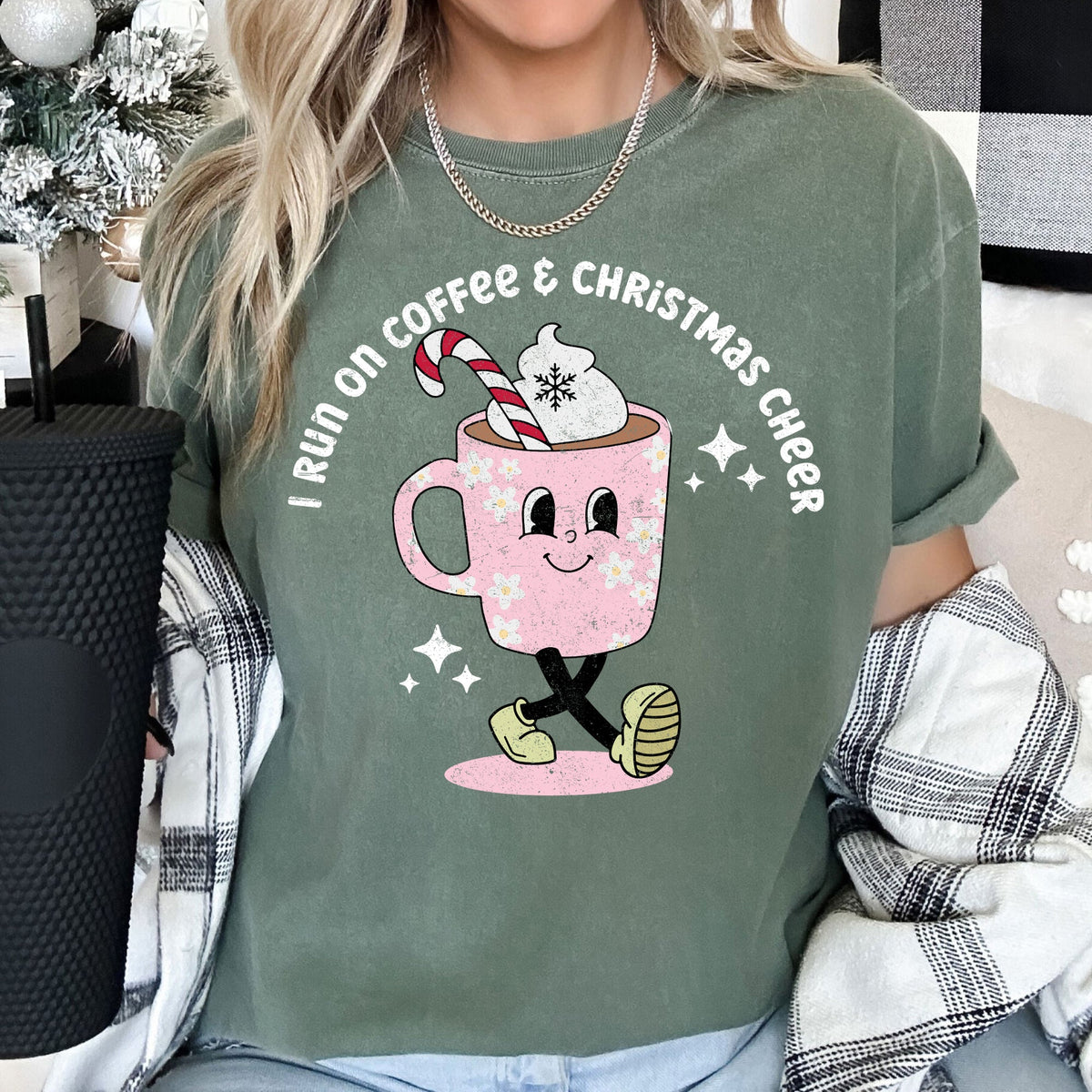 I RUN ON COFFEE & CHRISTMAS CHEER Retro Vintage Festive Cup Holiday Tee | 8 Colors S-2XL