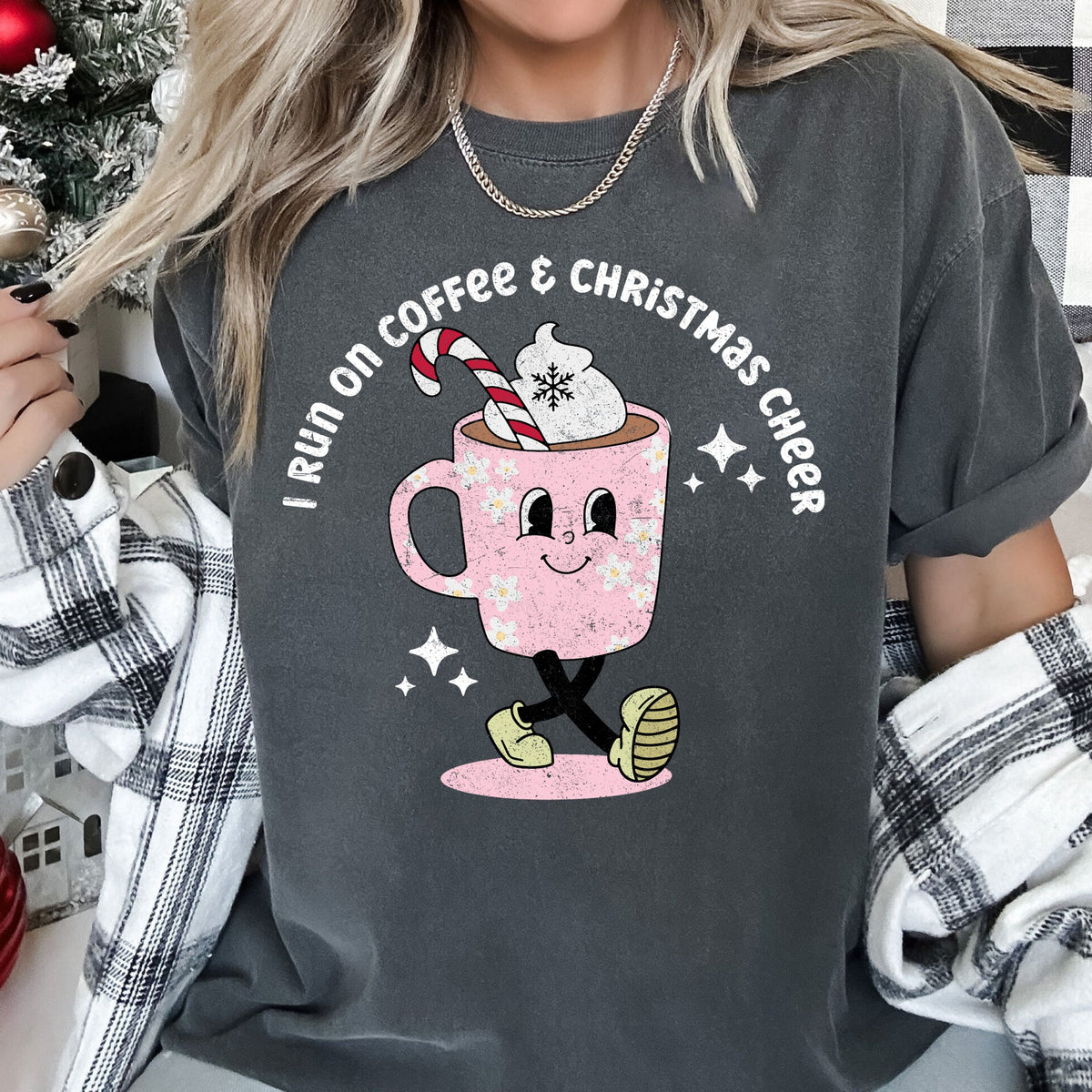I RUN ON COFFEE & CHRISTMAS CHEER Retro Vintage Festive Cup Holiday Tee | 8 Colors S-2XL