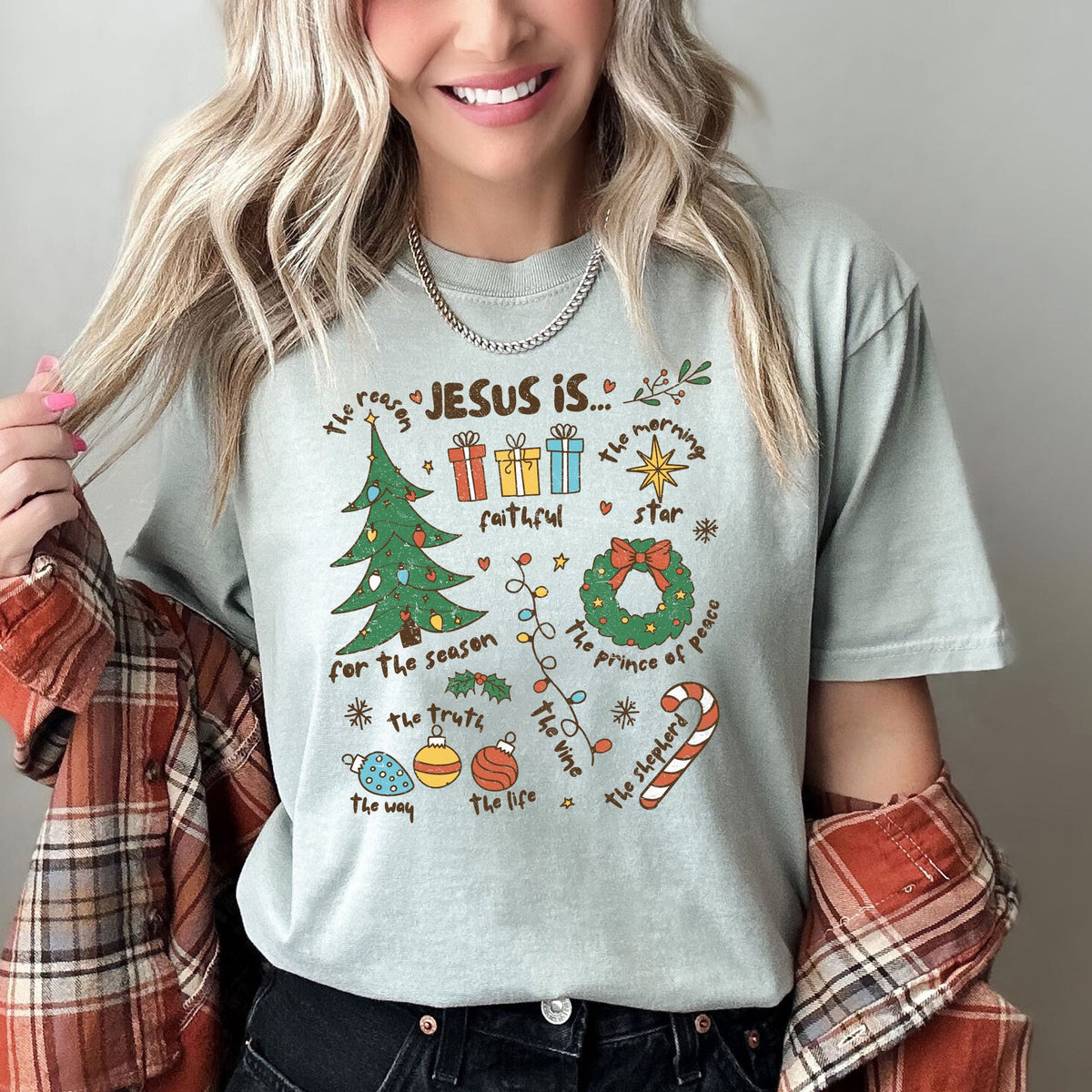 JESUS IS Words Reasons Christmas Faith-Based Holiday Tee in 3 Colors S-2XL