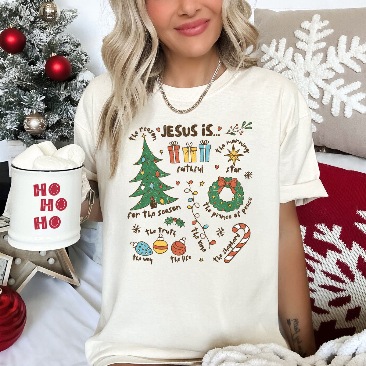 JESUS IS Words Reasons Christmas Faith-Based Holiday Tee in 3 Colors S-2XL