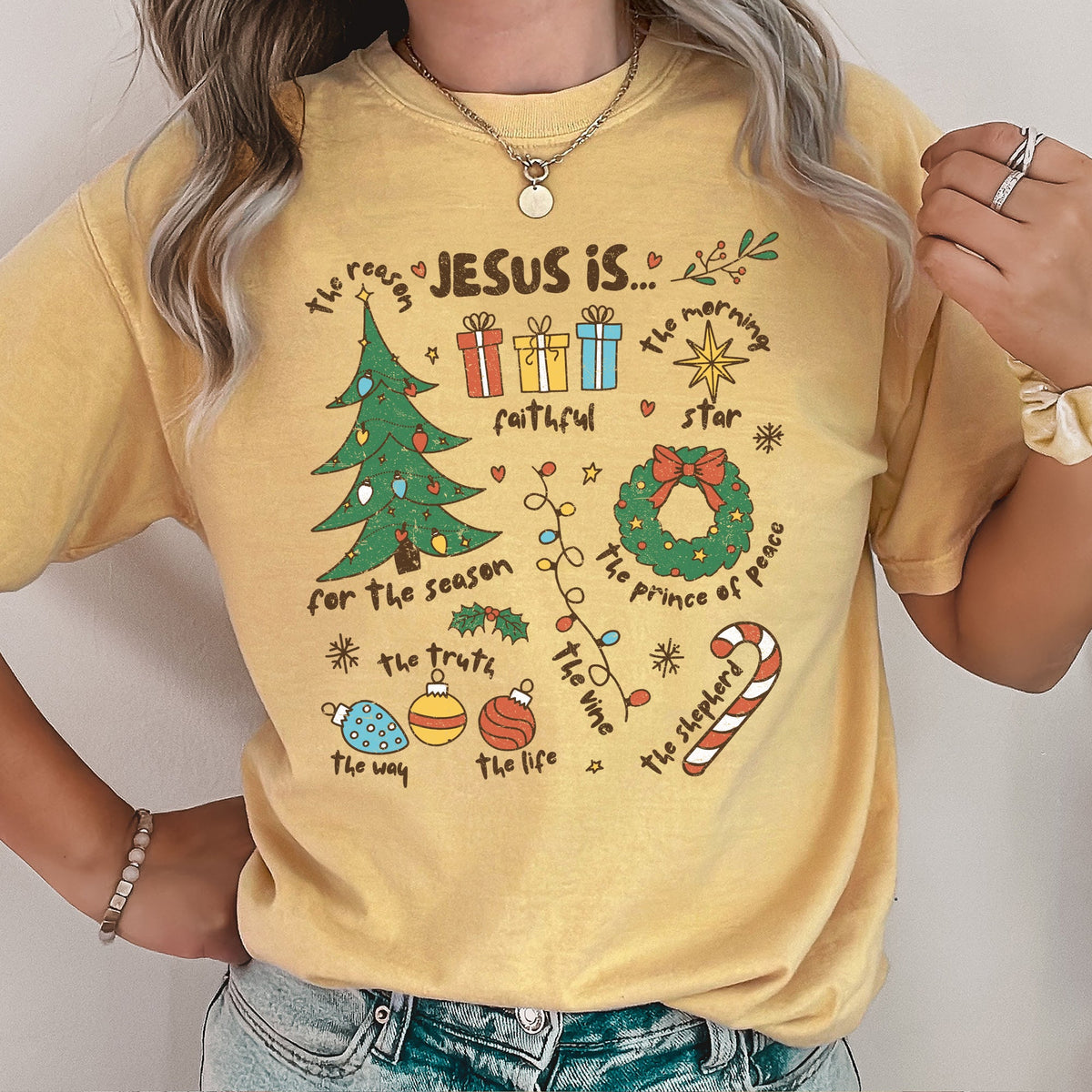 JESUS IS Words Reasons Christmas Faith-Based Holiday Tee in 3 Colors S-2XL