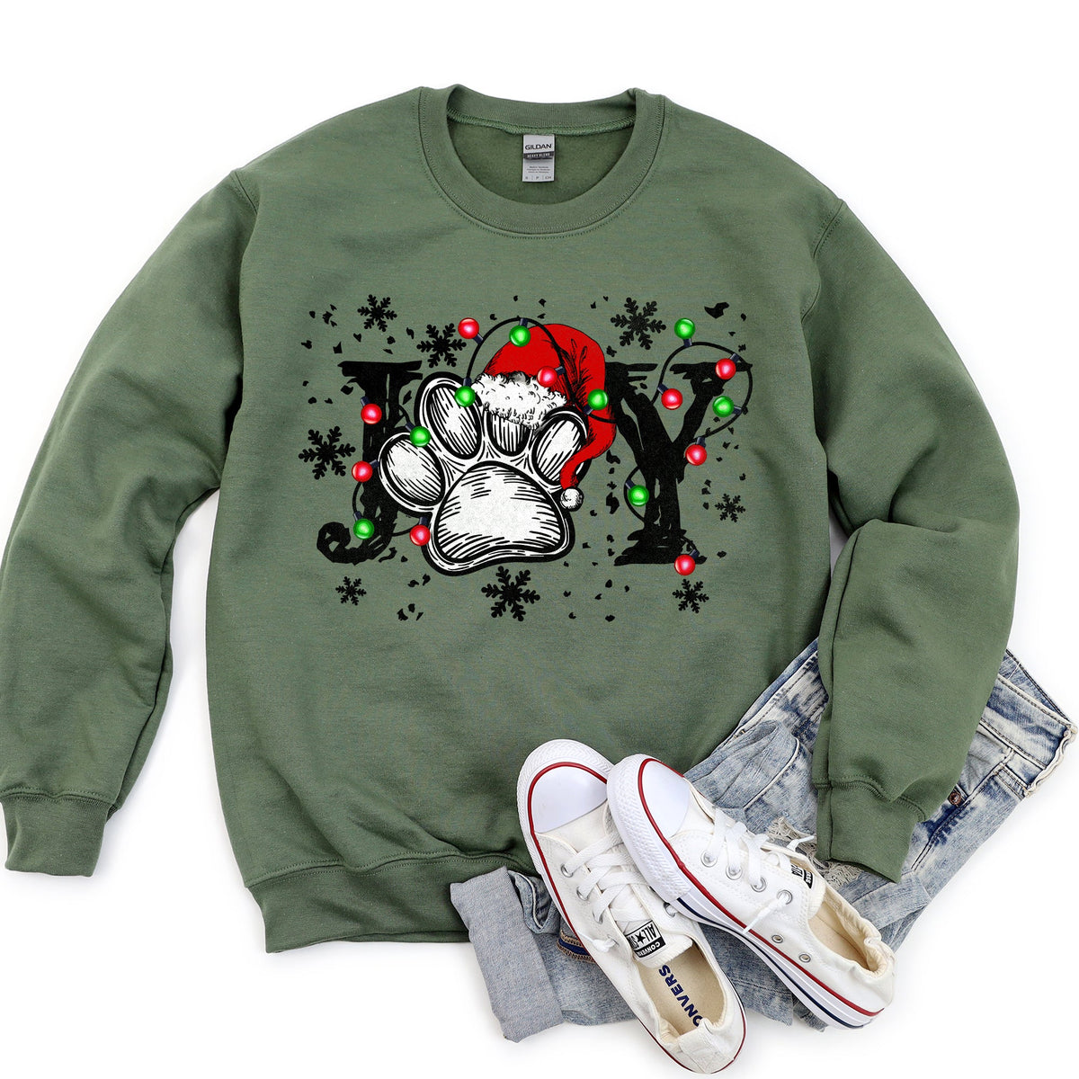 JOY Dog Paw Print Christmas Canine Festive Holiday Spirit Sweatshirt in 7 Colors S-2XL