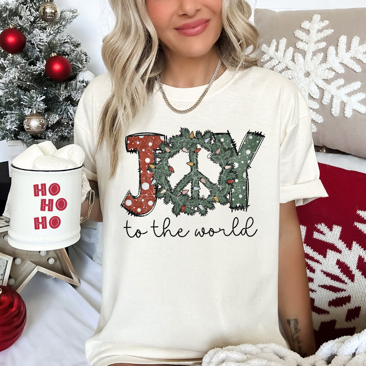 Joy To The World Peace Wreath Christmas Vintage Inspired Seasonal Edition Comfort Colors Tee