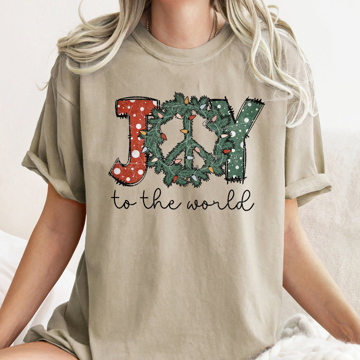 Joy To The World Peace Wreath Christmas Vintage Inspired Seasonal Edition Comfort Colors Tee
